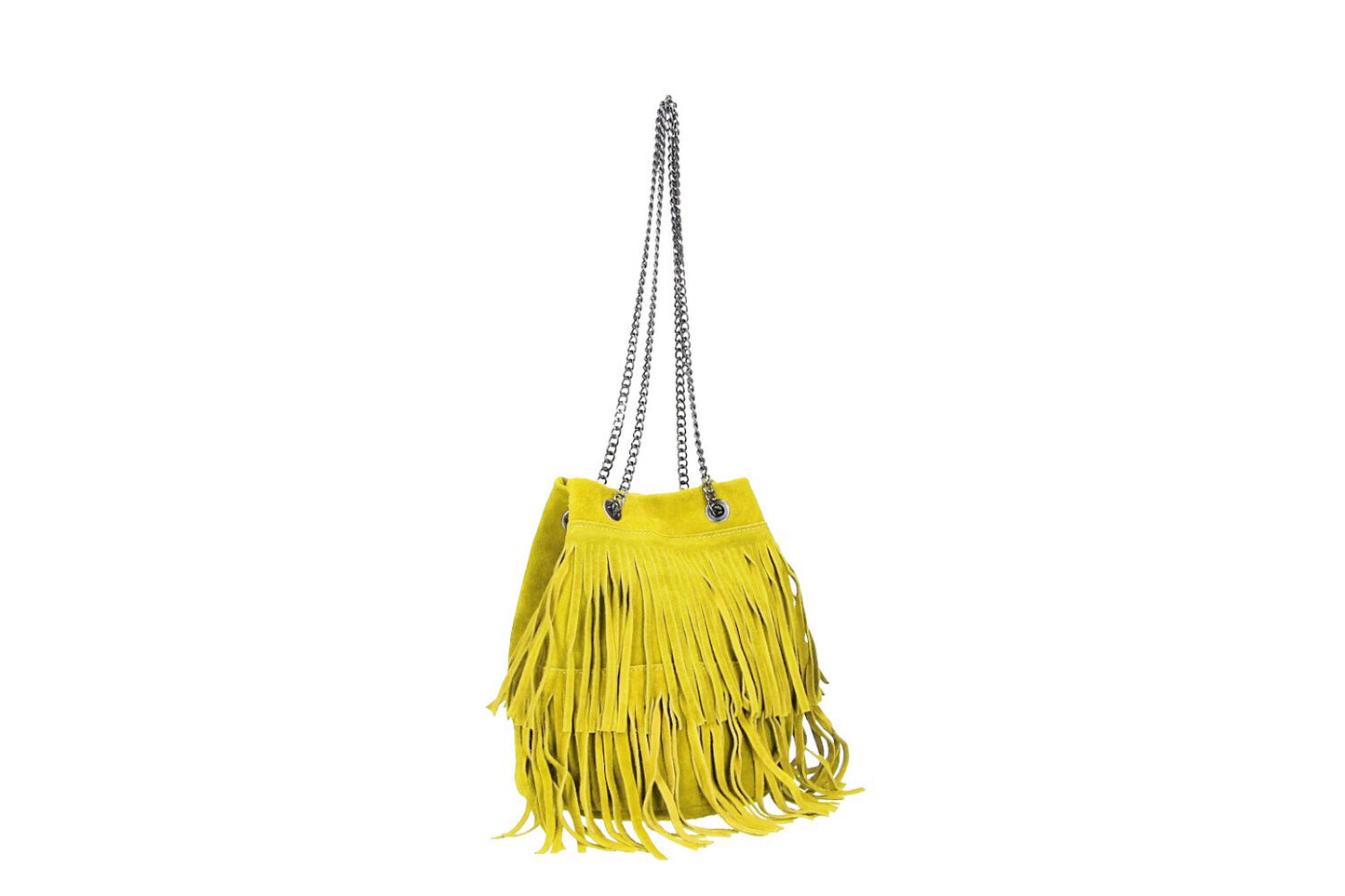 A small yellow fringed suede bag with a silver chain strap hanging against a white background.