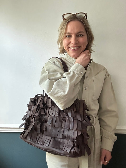 Fringed leather shopper dark brown