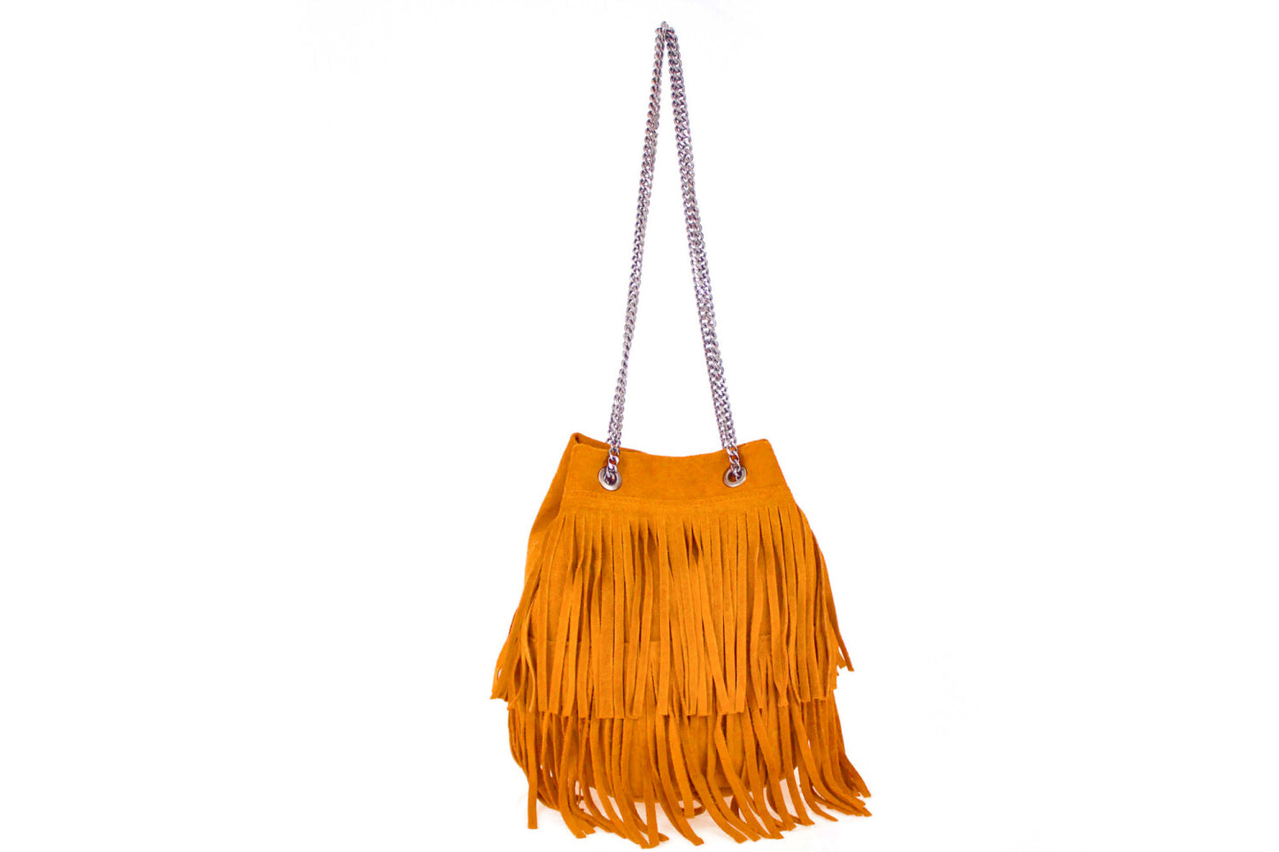 A small orange fringed suede bag with a silver chain strap hanging against a white background.