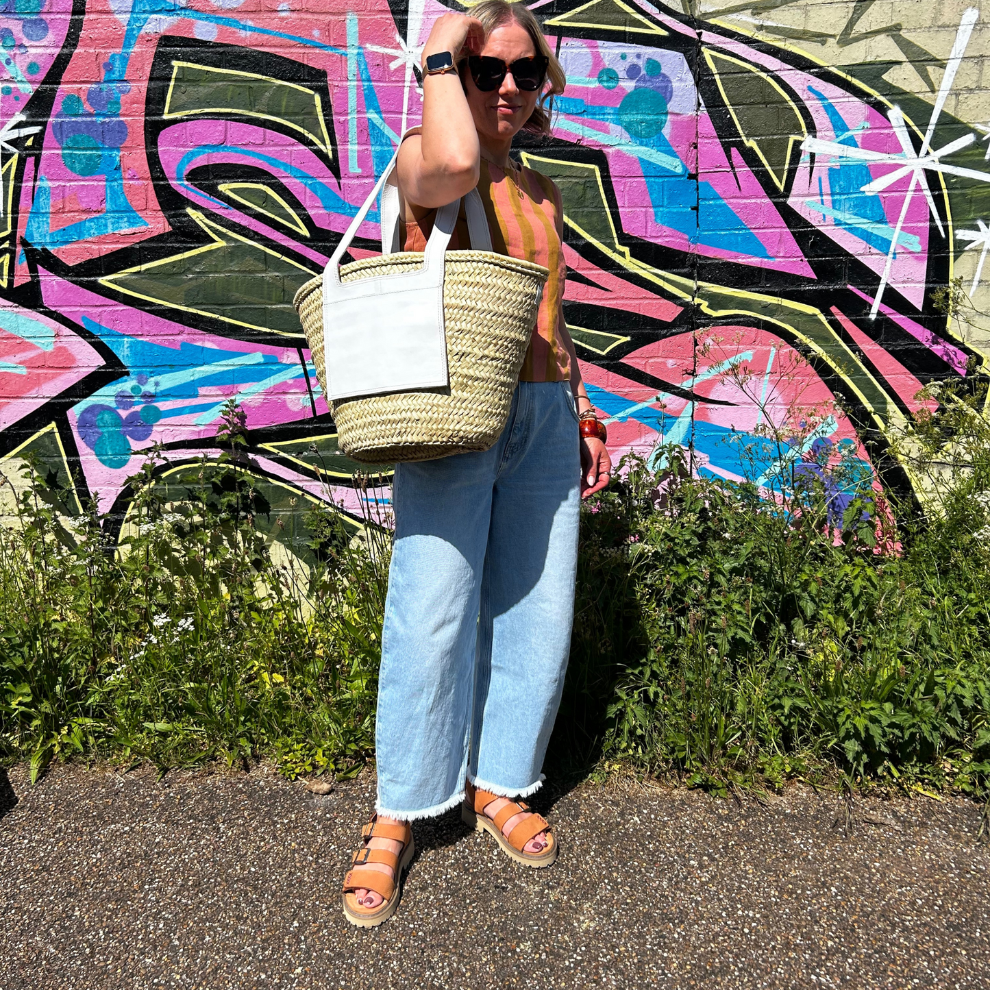 Large Straw and Leather Basket Bags