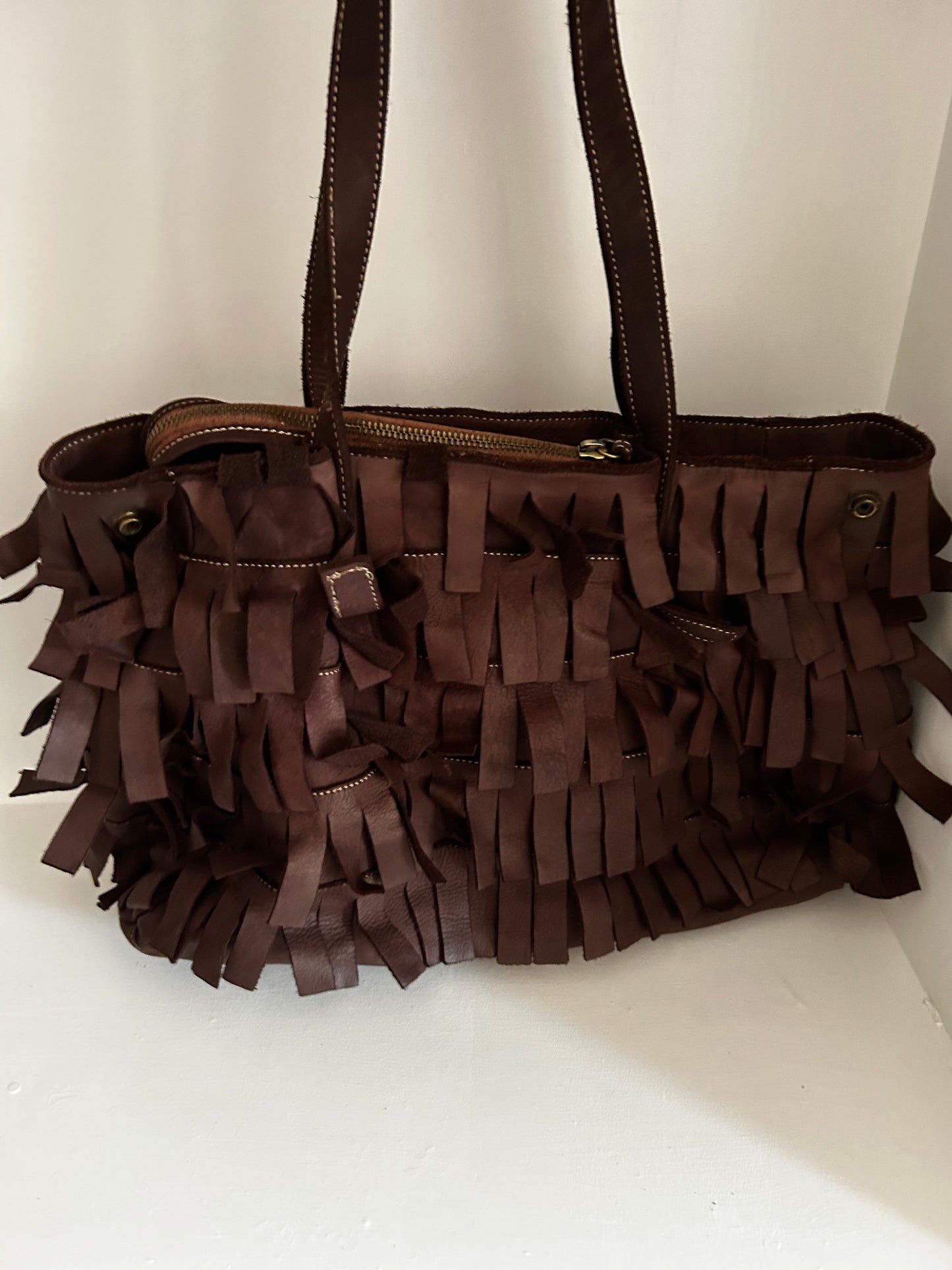 Fringed leather shopper dark brown