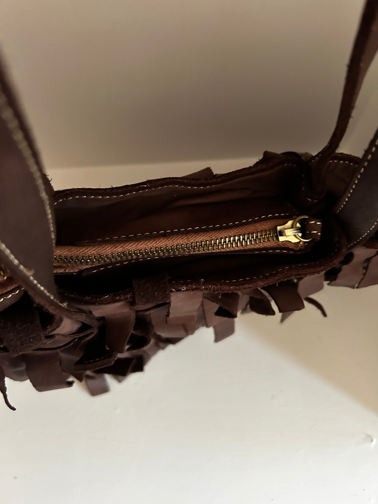 Fringed leather shopper dark brown