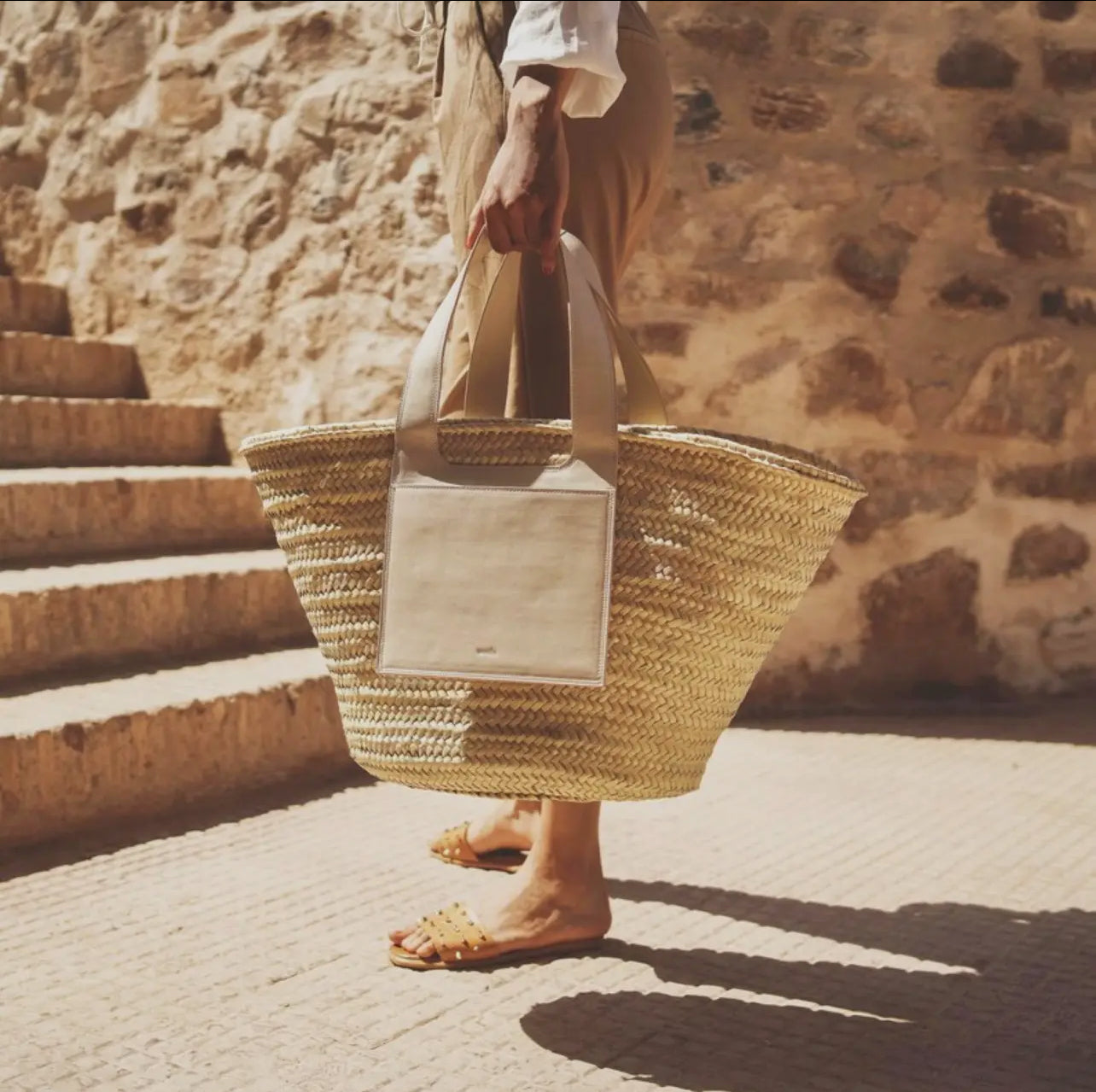 Large Straw and Leather Basket Bags