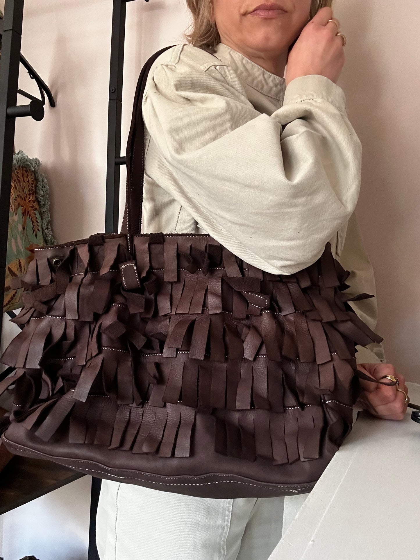 Fringed leather shopper dark brown