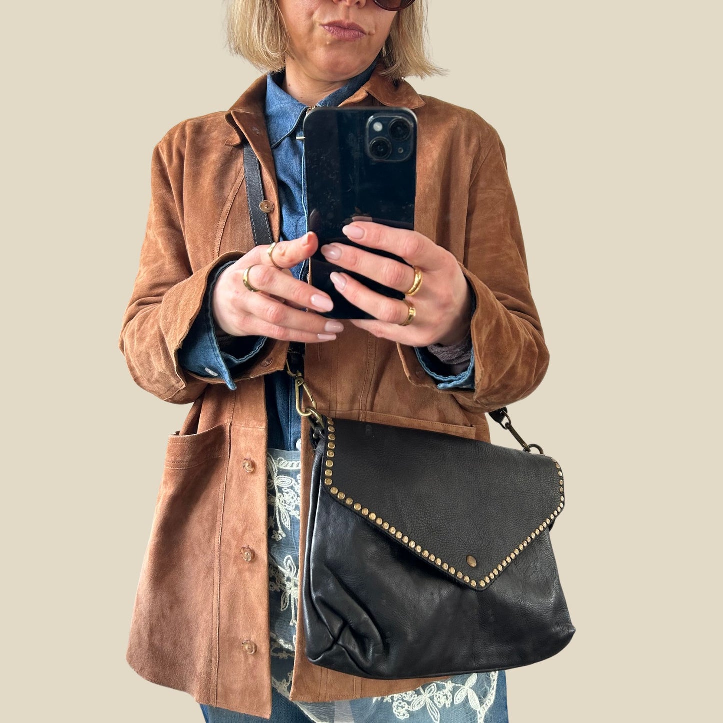 Studded leather crossbody / clutch