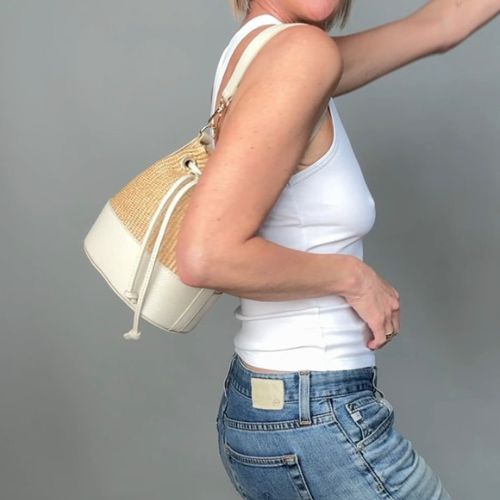 Raffia and leather bucket bag