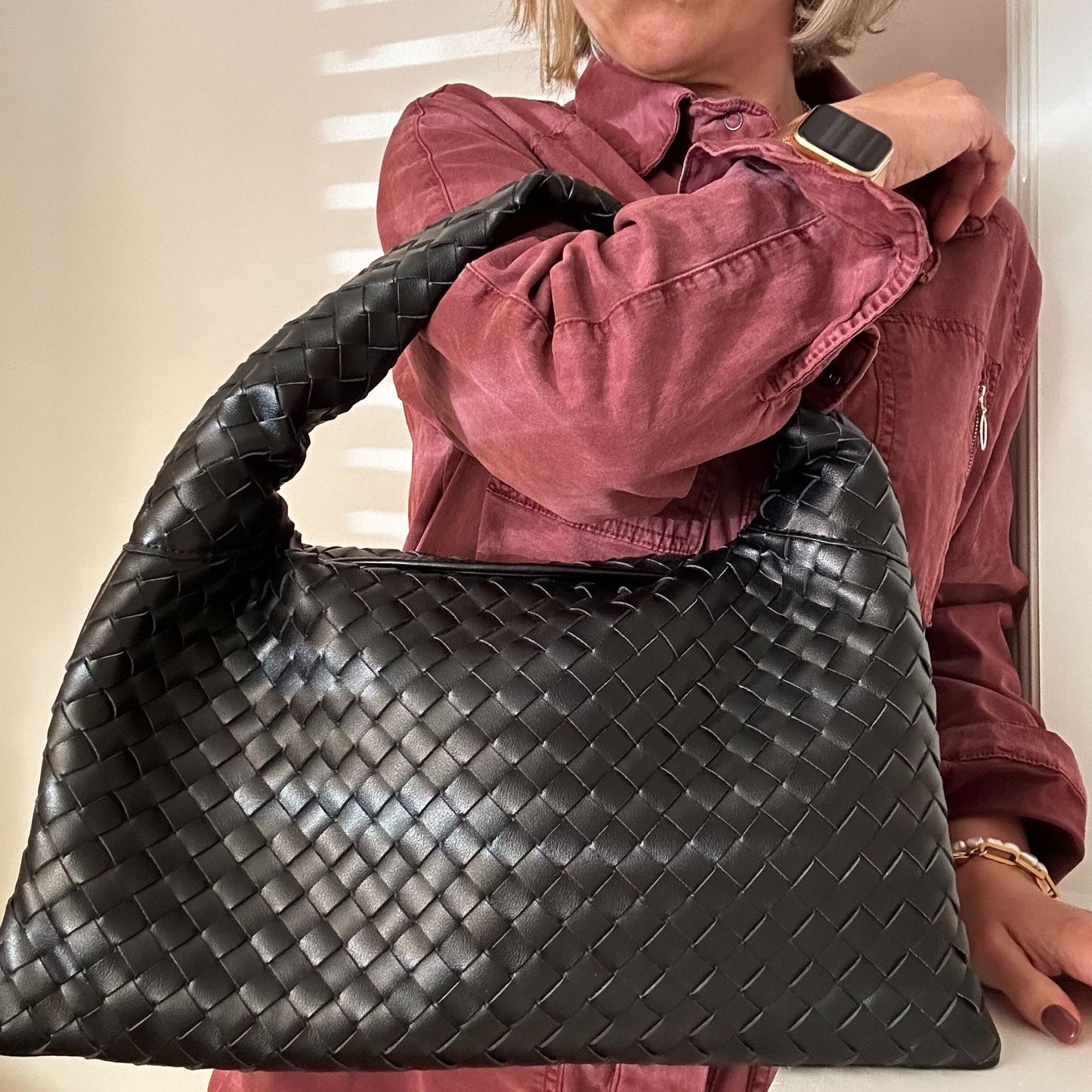 Black Woven Leather Handbag