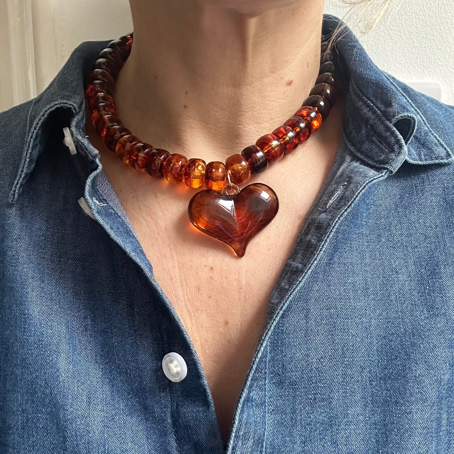 Amber Beaded Resin Heart Necklace