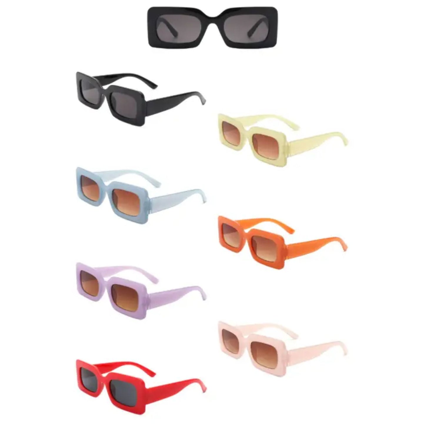 A collection of stylish rectangular sunglasses in various colours, including black, yellow, light blue, orange, purple, red, and beige