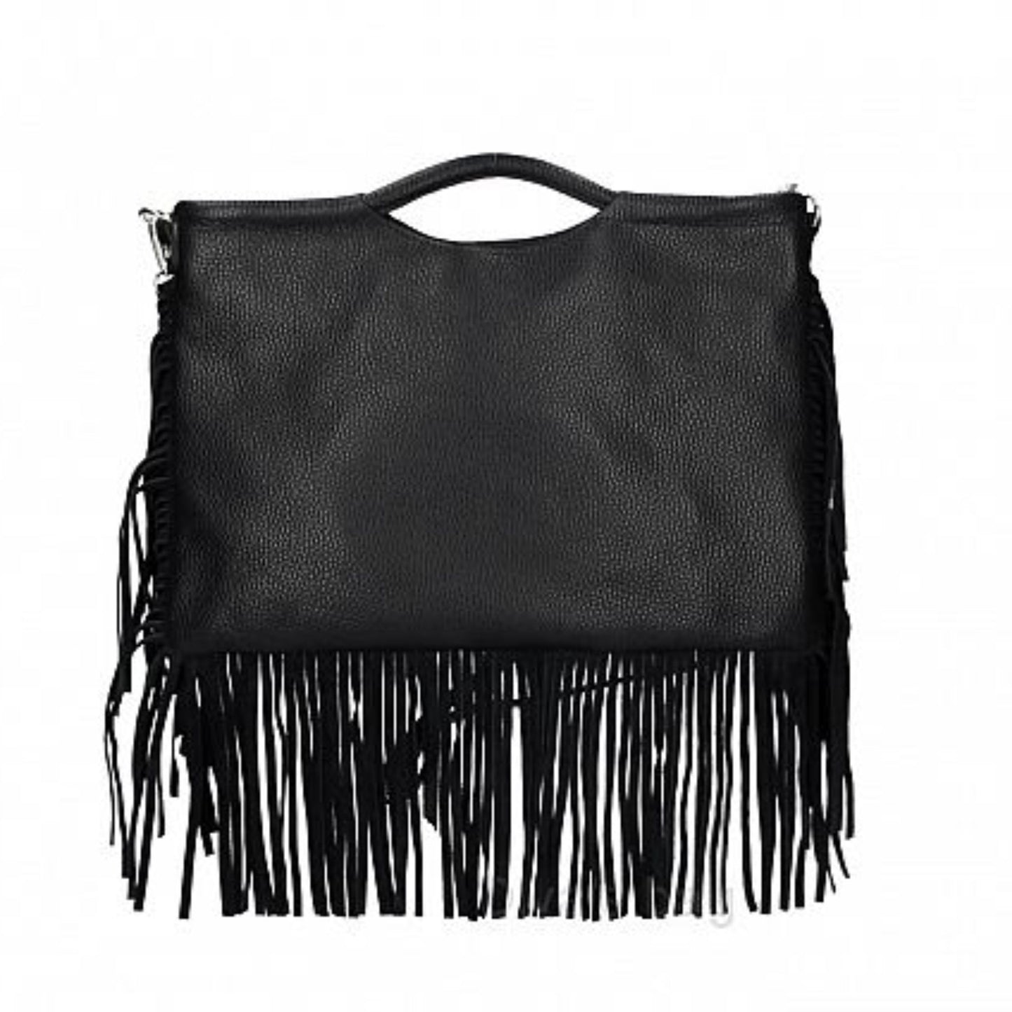 Front view of the black leather fringed bag with suede tassels.