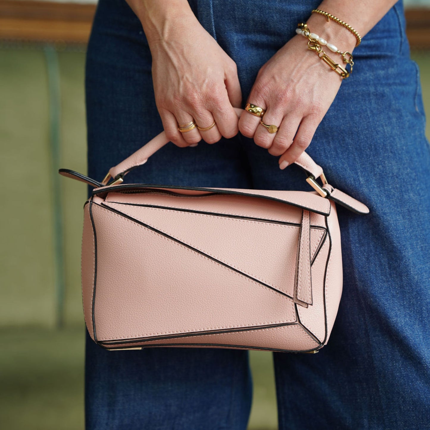 Leather Grab Handle Geometric Bags