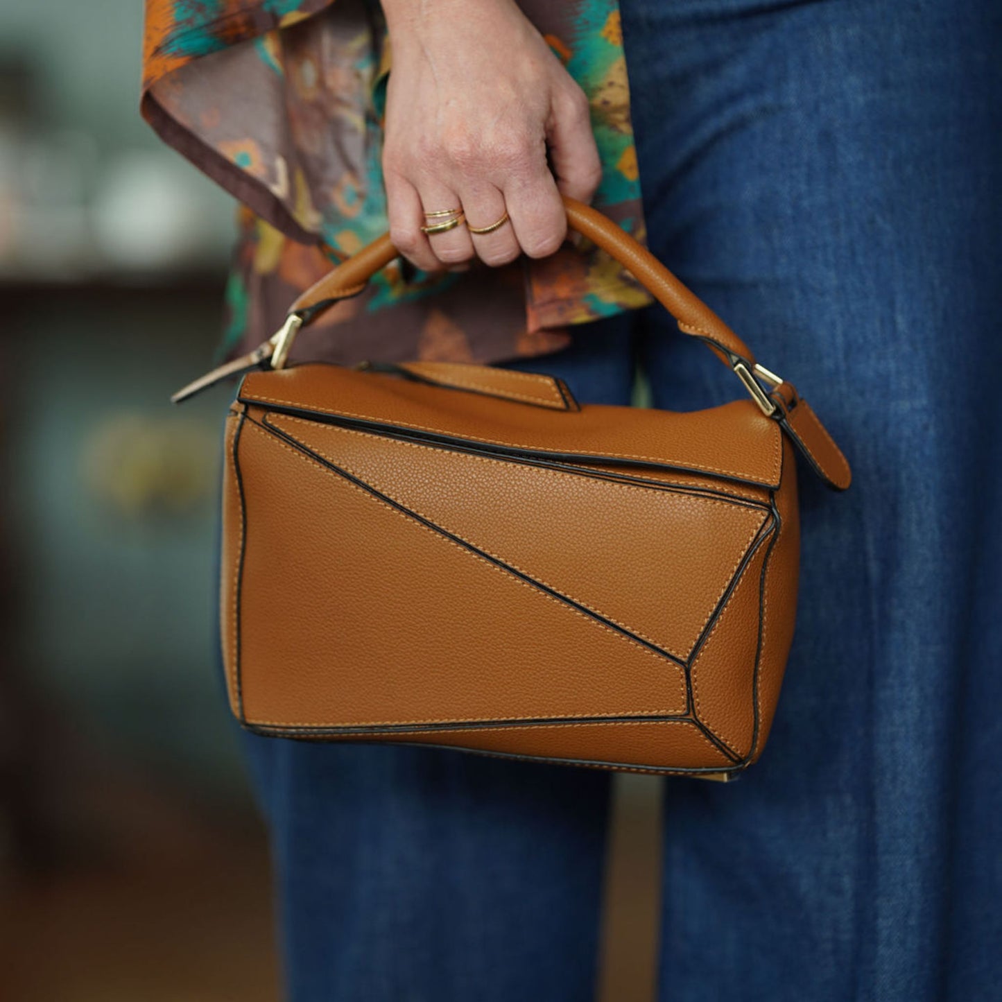 Leather Grab Handle Geometric Bags