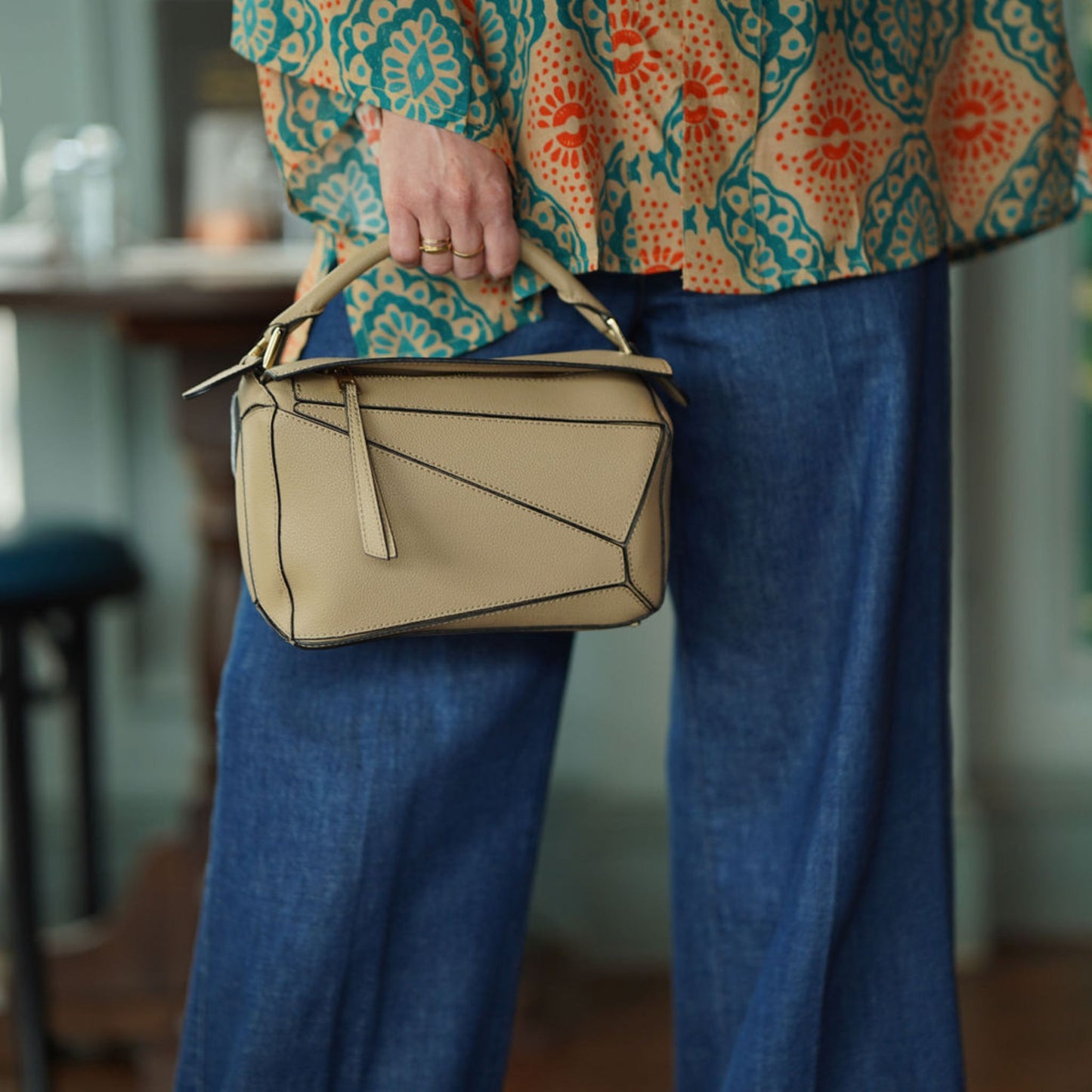 Leather Grab Handle Geometric Bags