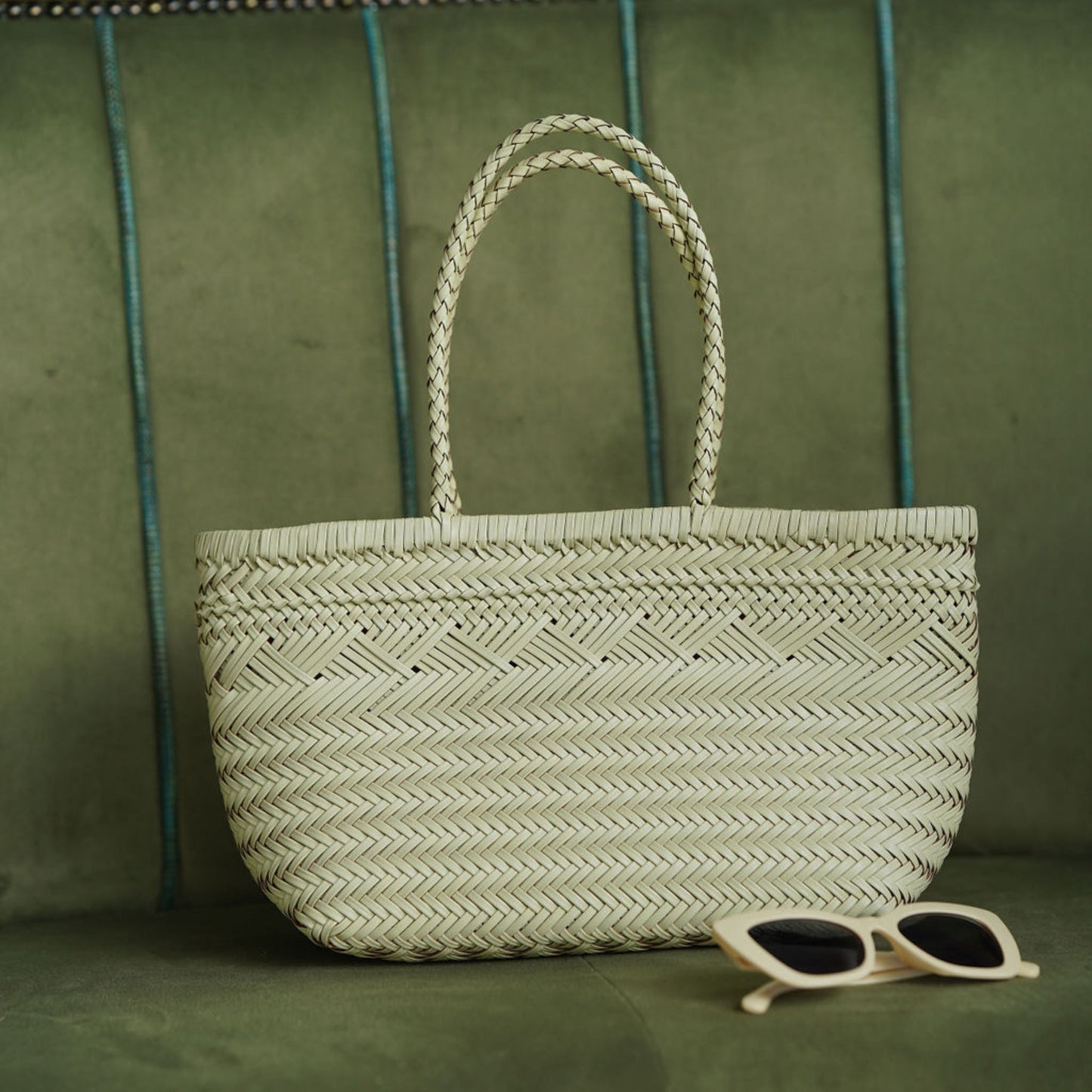 Woven Leather Basket Buttermilk