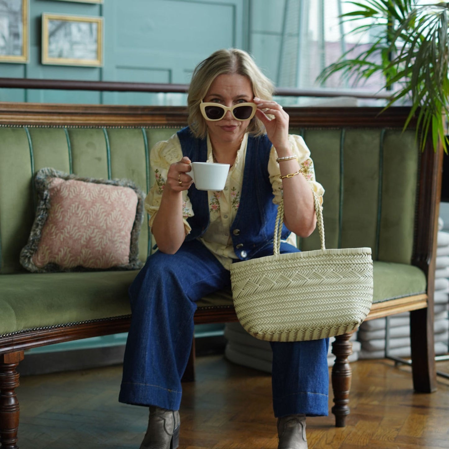 Woven Leather Basket Buttermilk