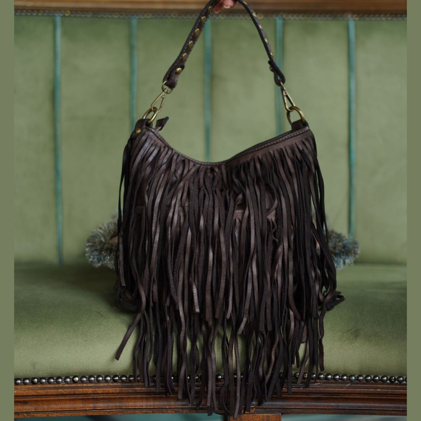 Fringed Washed Leather Bag ( Dark Brown & cognac)
