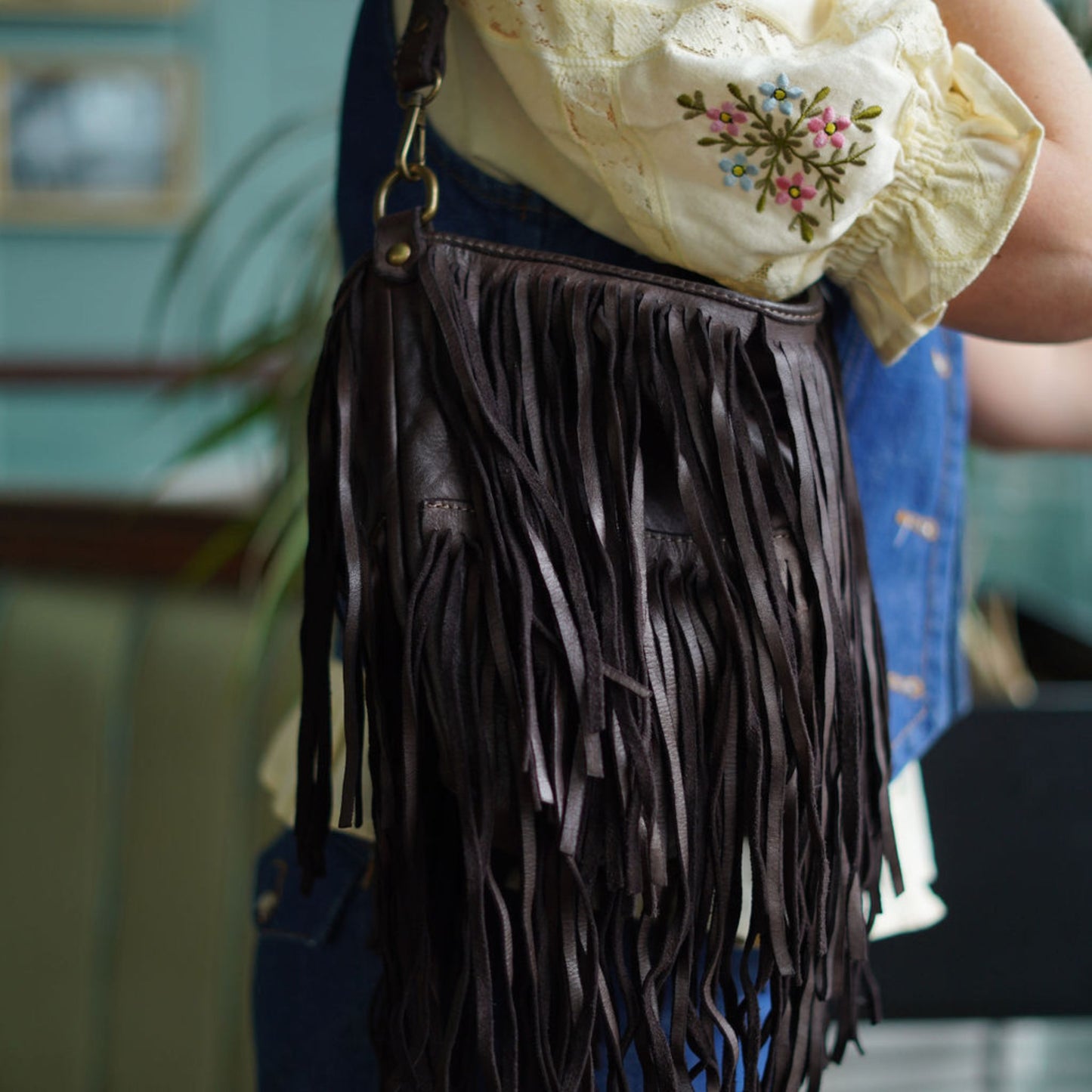 Fringed Washed Leather Bag ( Dark Brown & cognac)