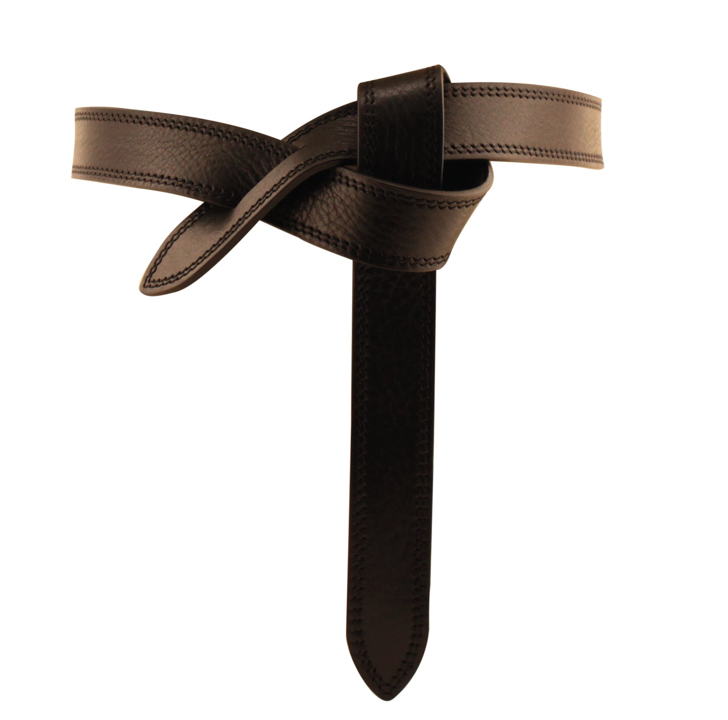 Black leather knot belt shown tied in a stylish knot