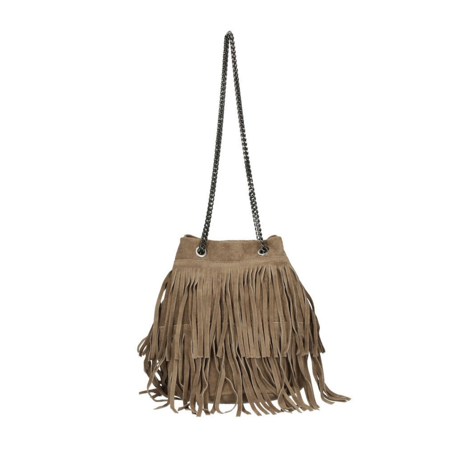 A taupe fringed suede bag with a silver chain strap hanging against a white background.