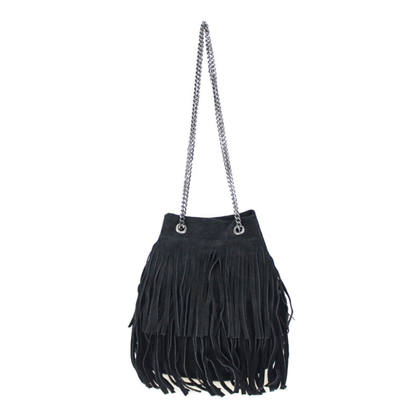A black fringed suede bag with a silver chain strap hanging against a white background.