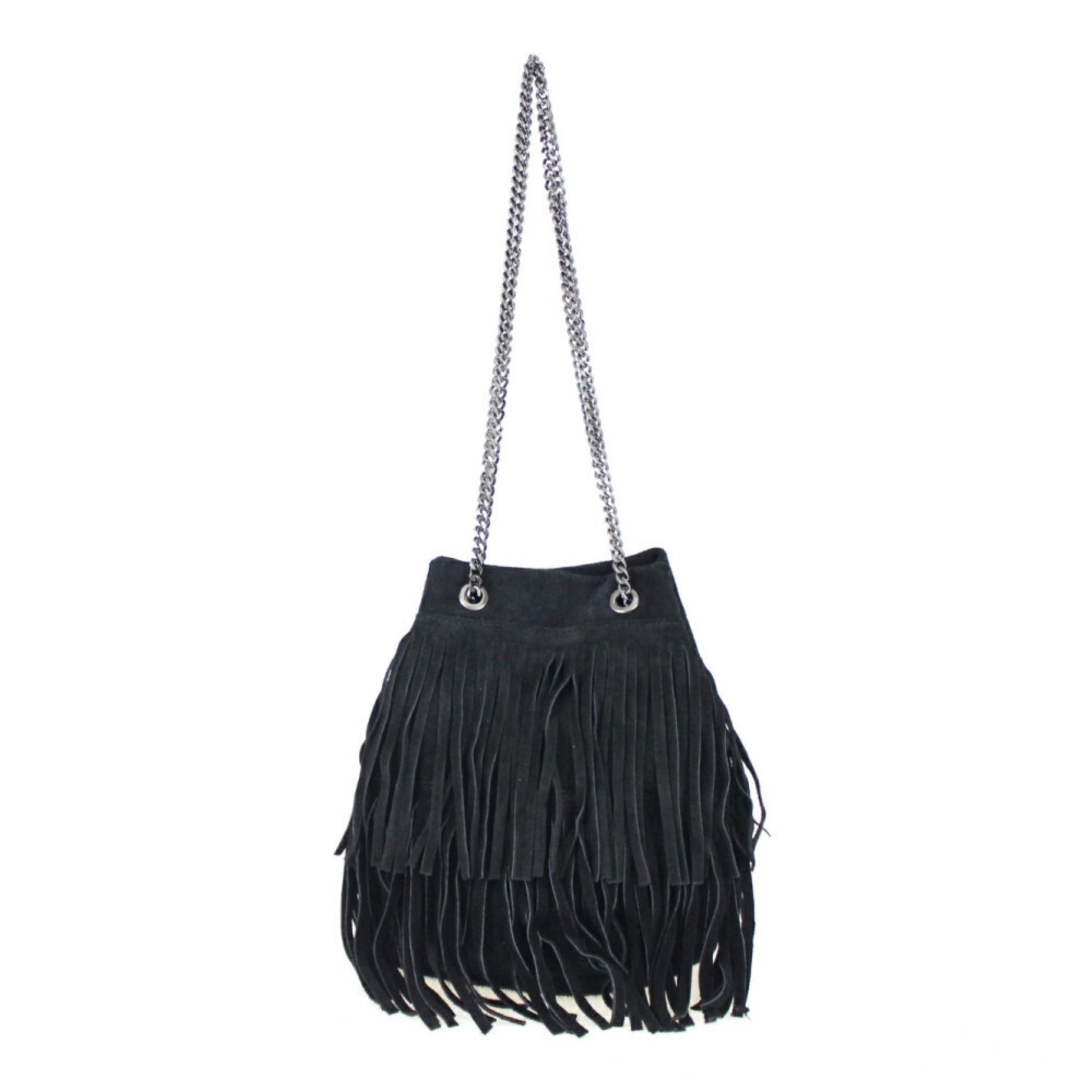 A black fringed suede bag with a silver chain strap hanging against a white background.