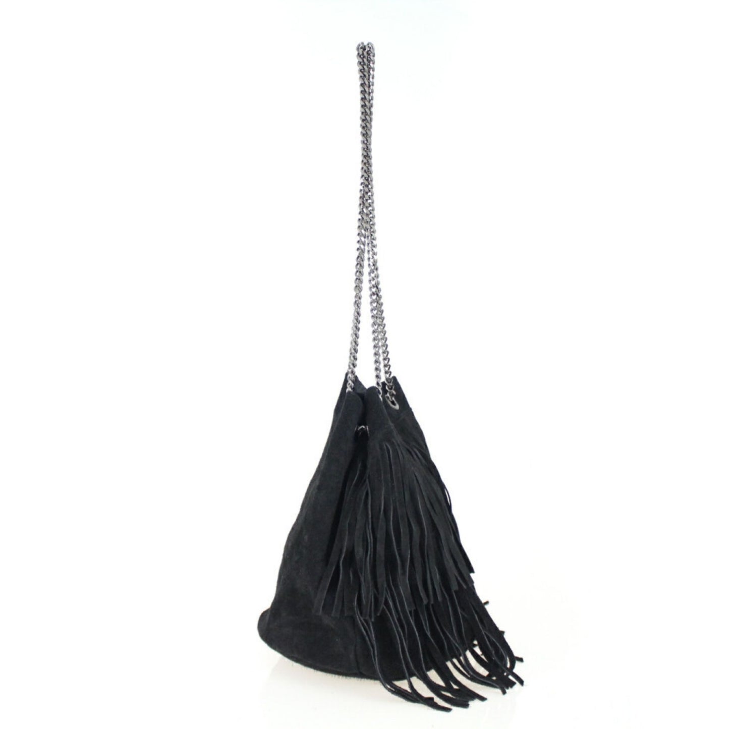 A black fringed suede bag with a silver chain strap hanging against a white background.