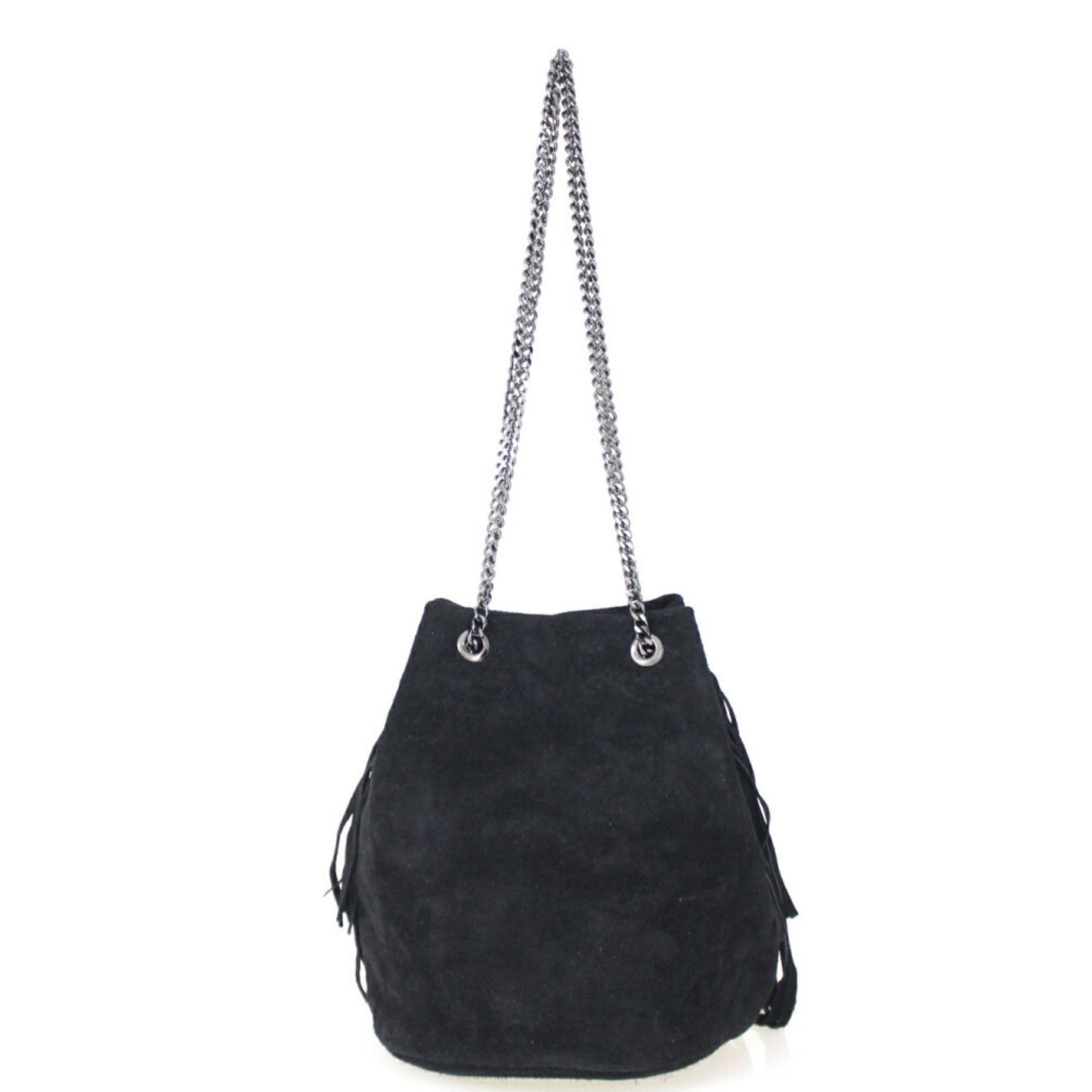 A black fringed suede bag with a silver chain strap hanging against a white background.