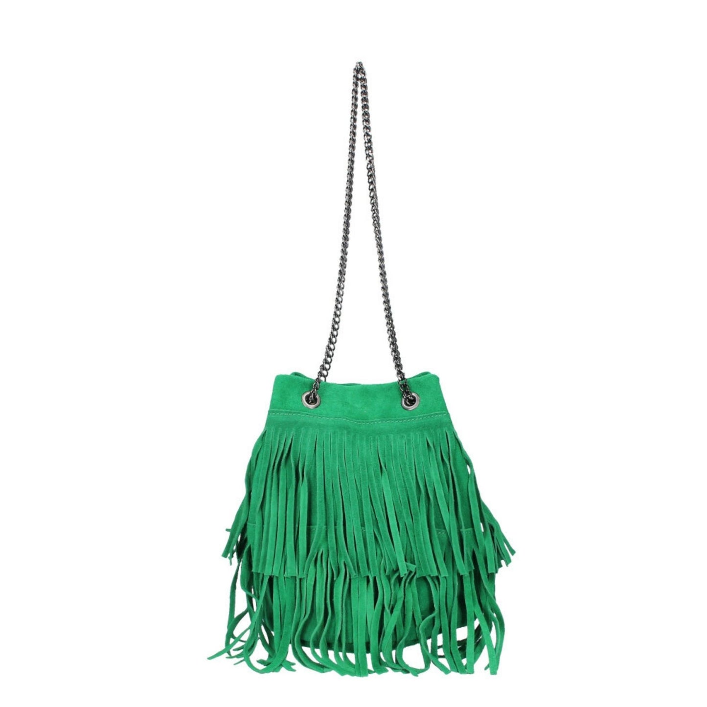 A green fringed suede bag with a silver chain strap hanging against a white background.