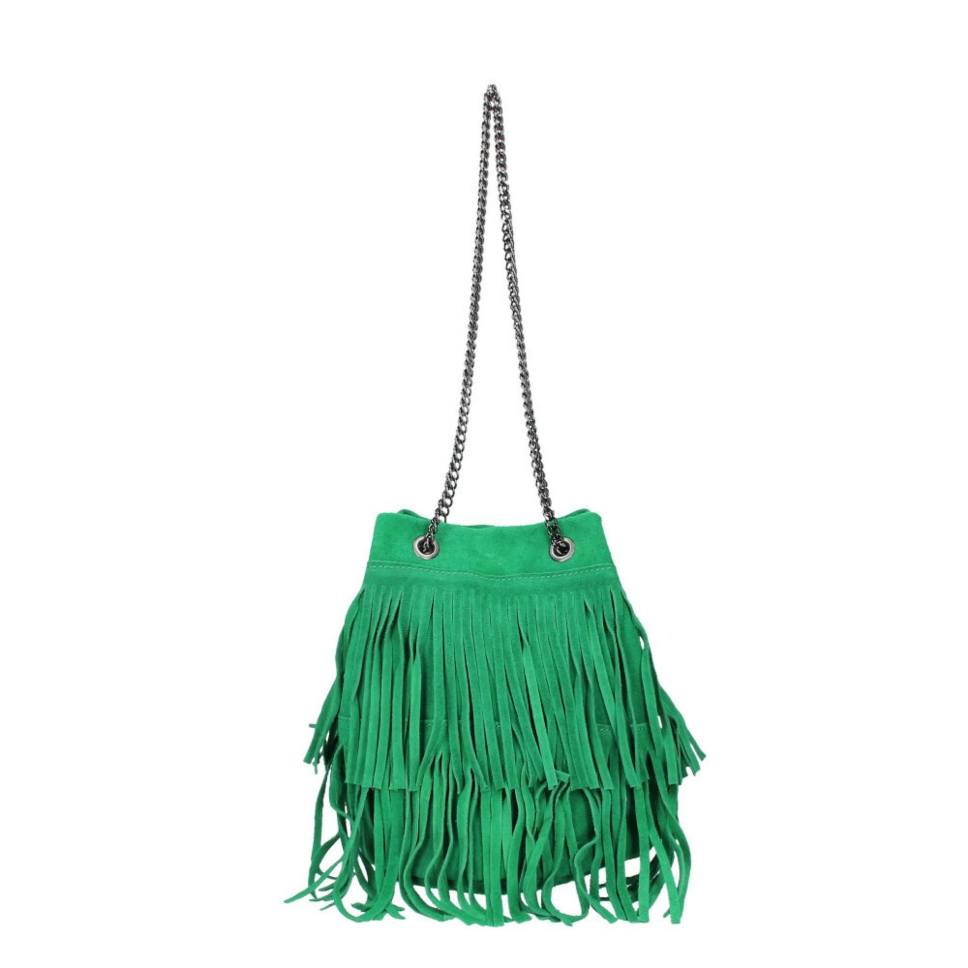 A green fringed suede bag with a silver chain strap hanging against a white background.