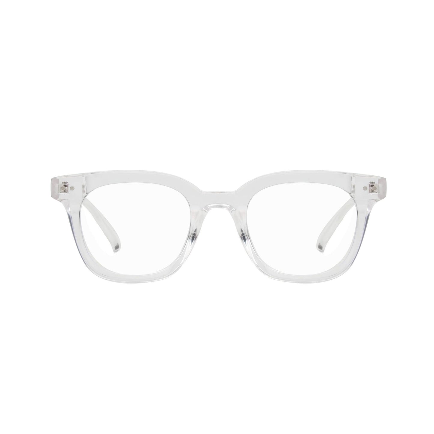 Clear-framed rectangular eyeglasses with a simple and modern design, displayed on a white background.