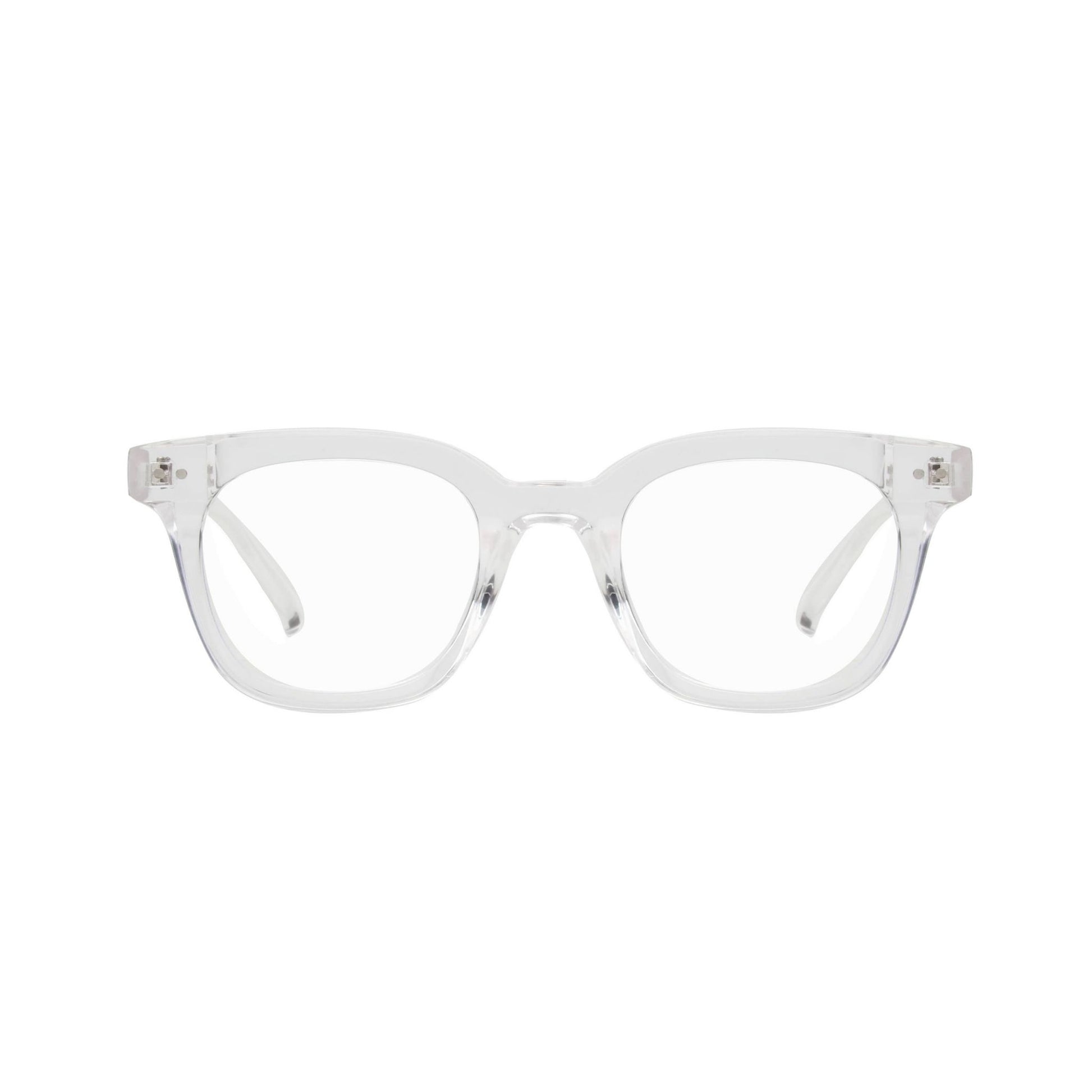 Clear-framed rectangular eyeglasses with a simple and modern design, displayed on a white background.