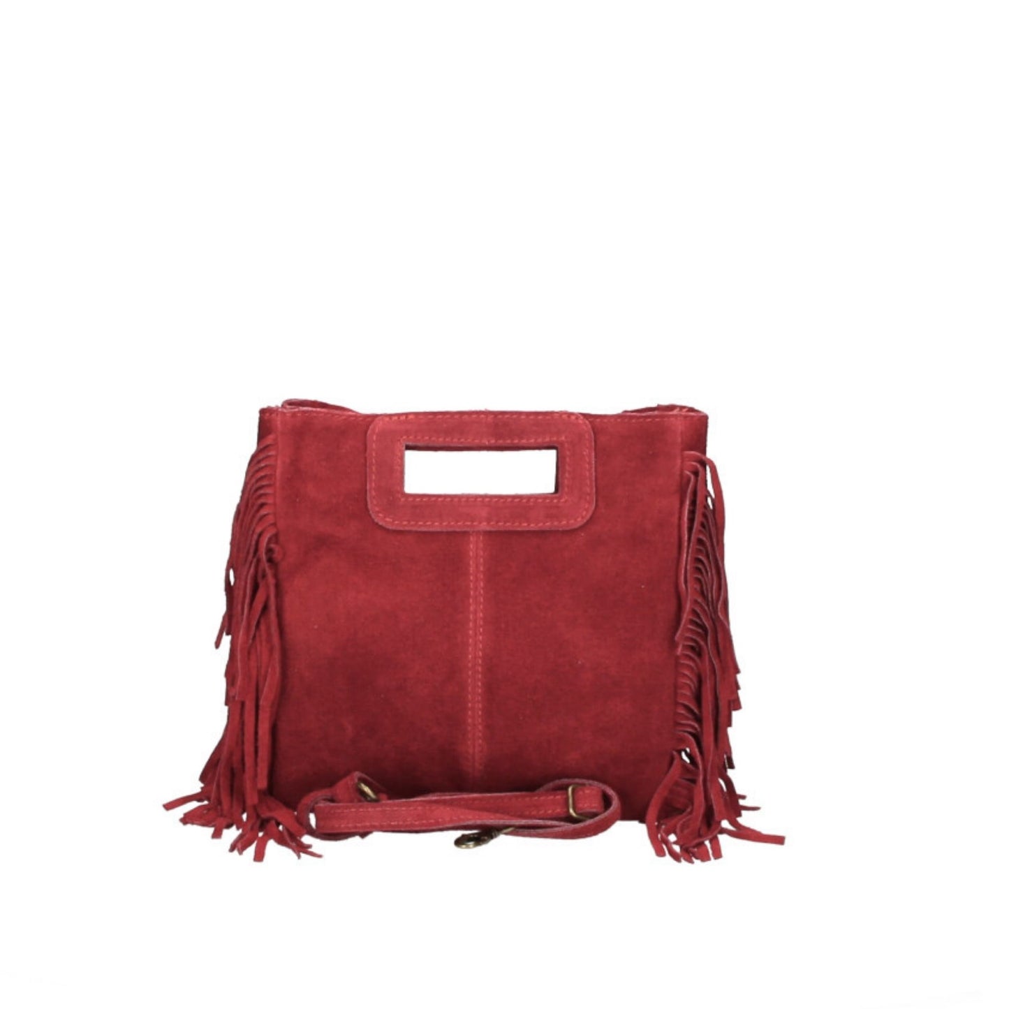 red suede fringed bag