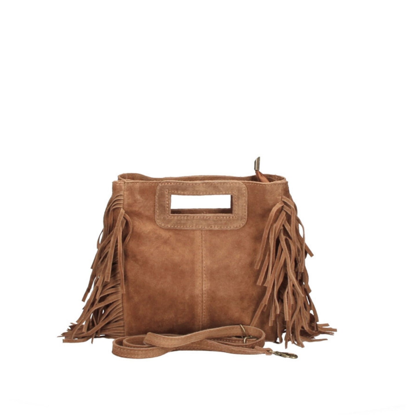 Close-up of blue suede Scott-Samuel Suede Fringed Square Bag