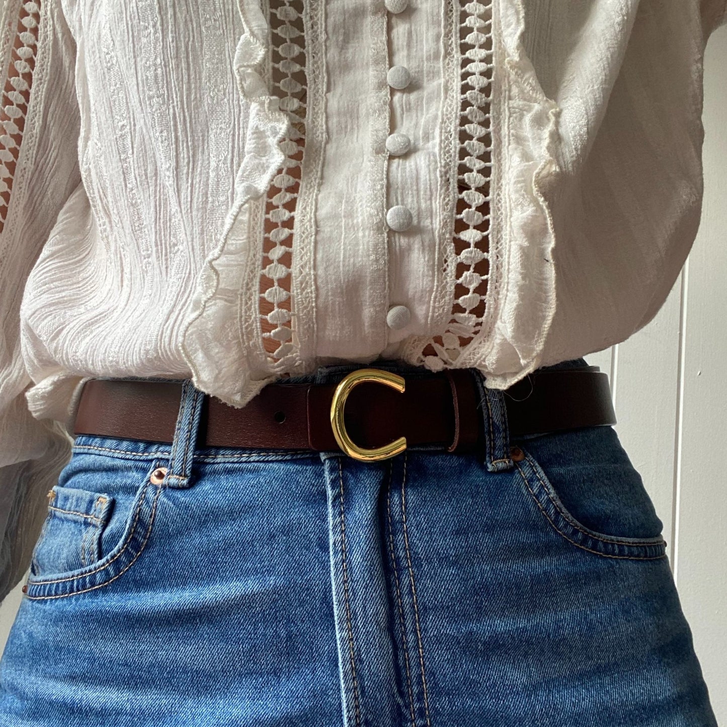 Brown Leather Belt with Horseshoe Buckle