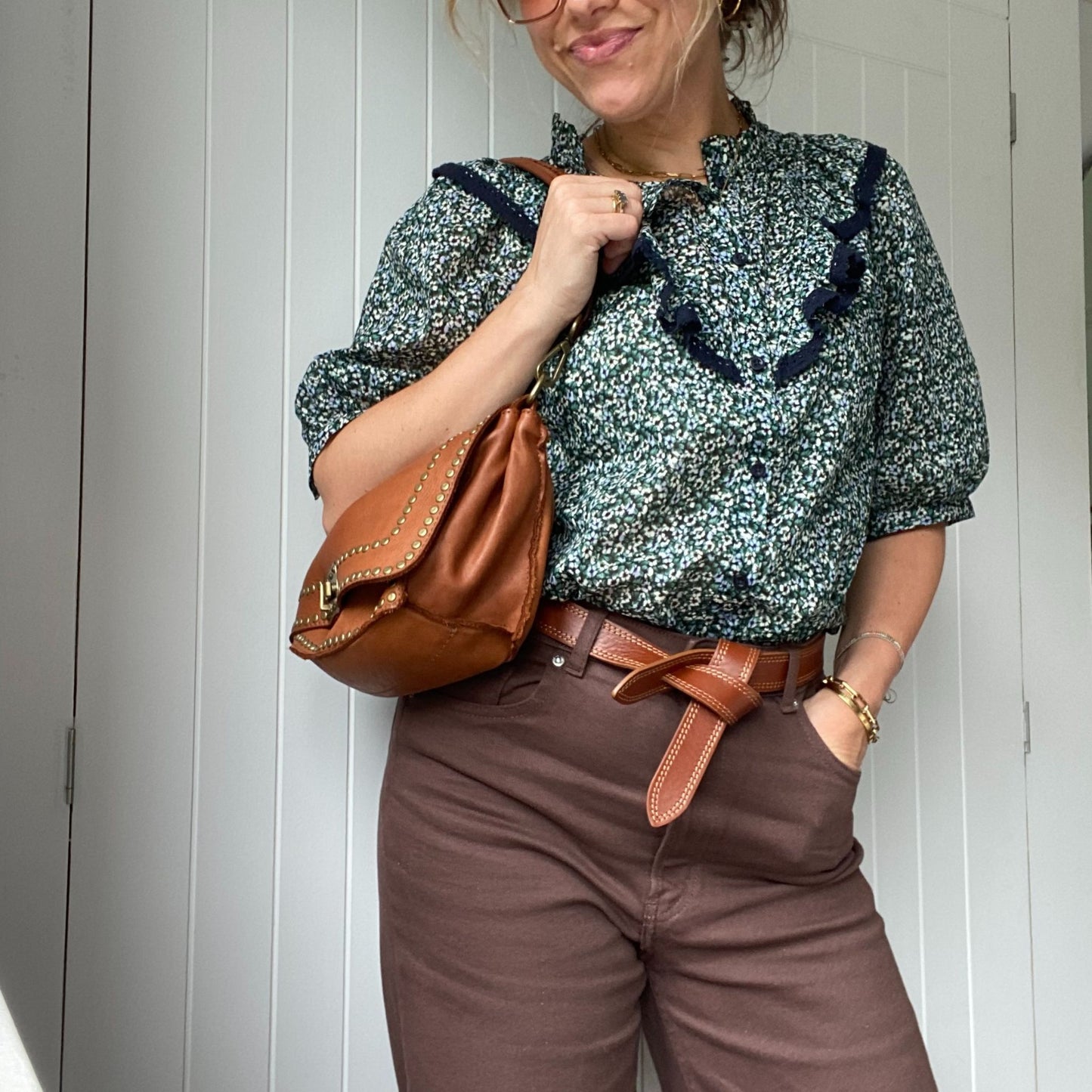 brown leather knot belt on model