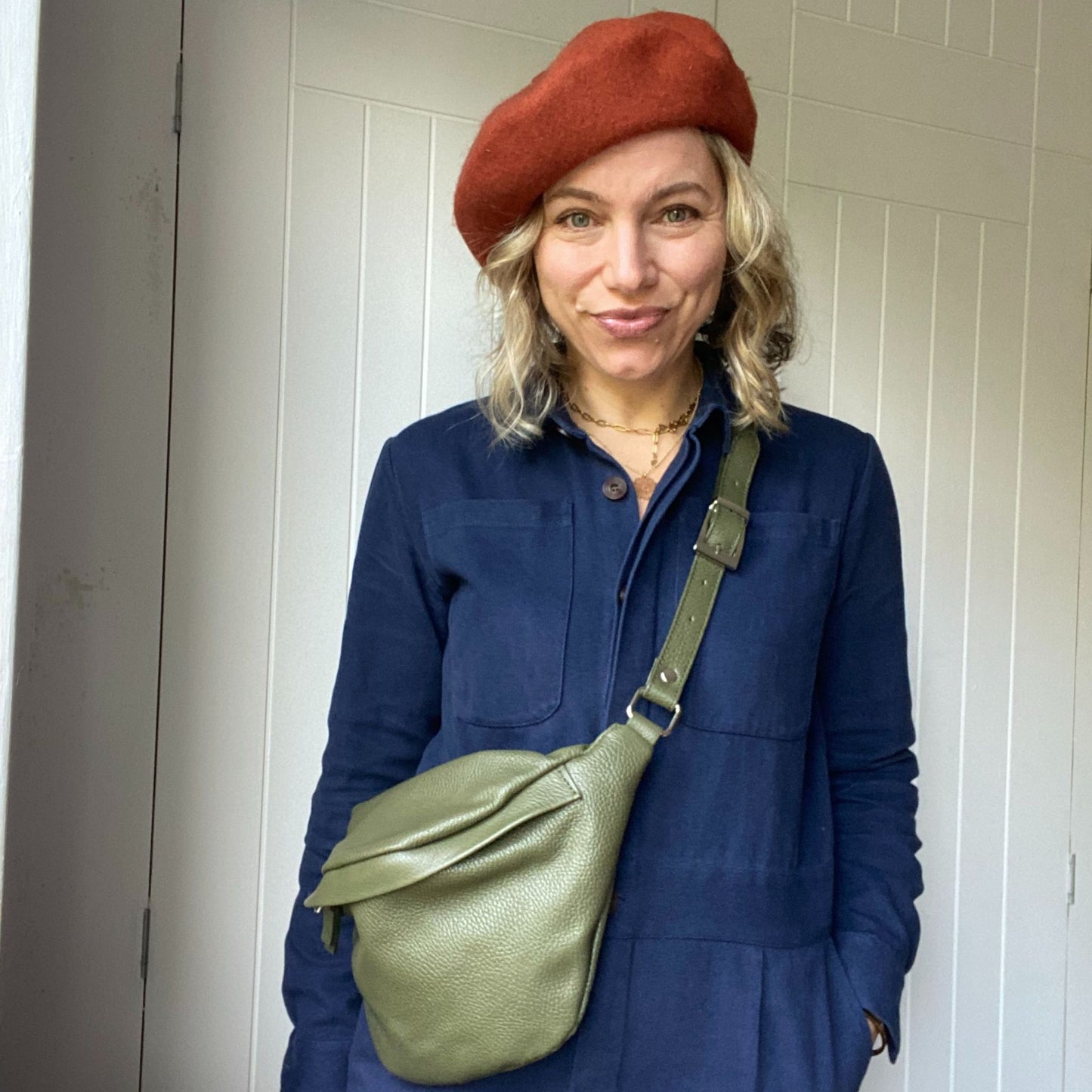 khaki green large leather bumbag
