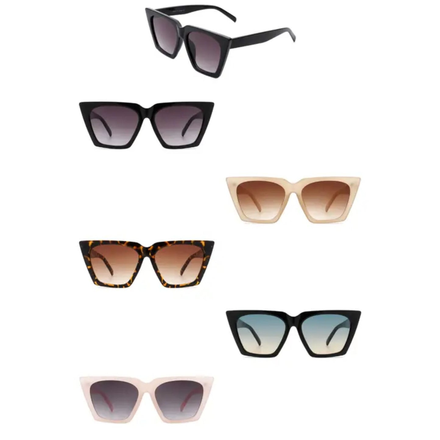 A collection of five pairs of stylish sunglasses in various colors and designs, including black, beige, tortoiseshell, and gradient lenses.