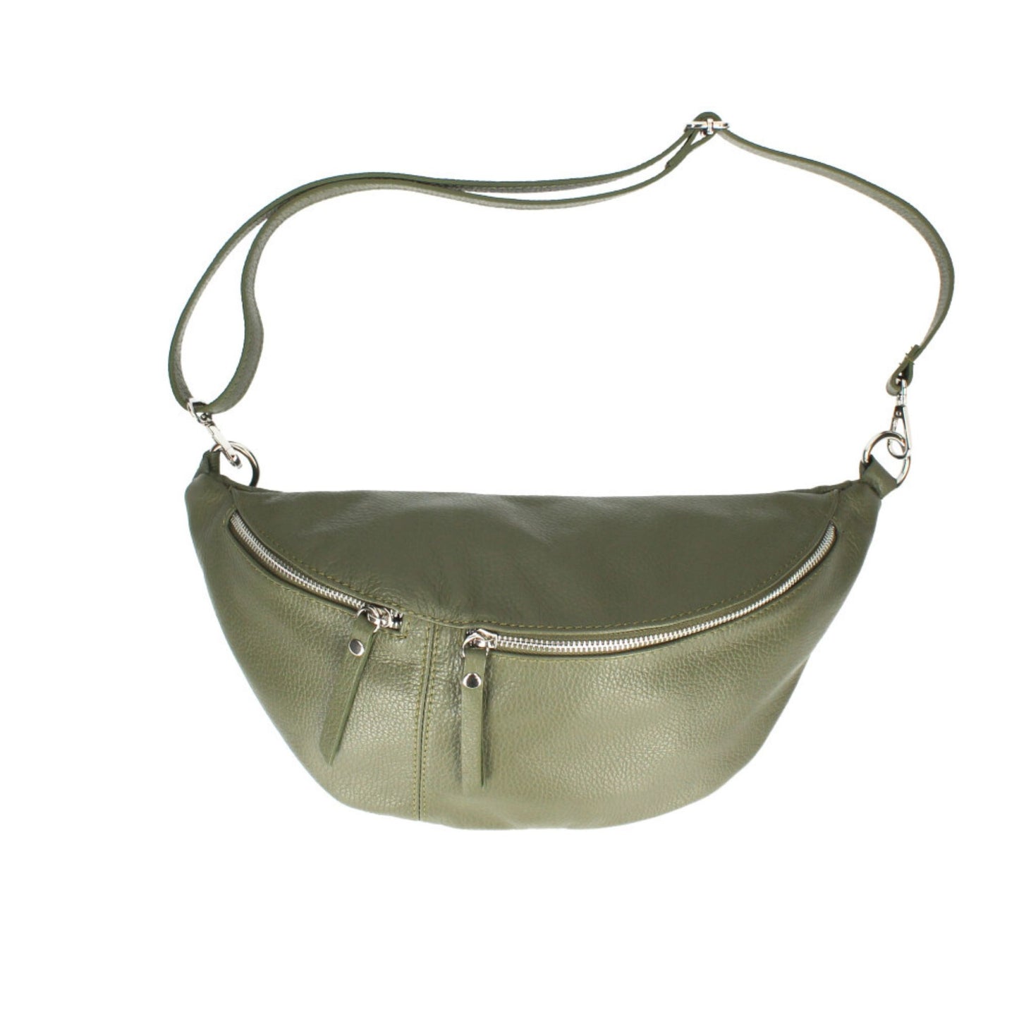 Olive green leather sling bag with exposed zips and removable dustbag.