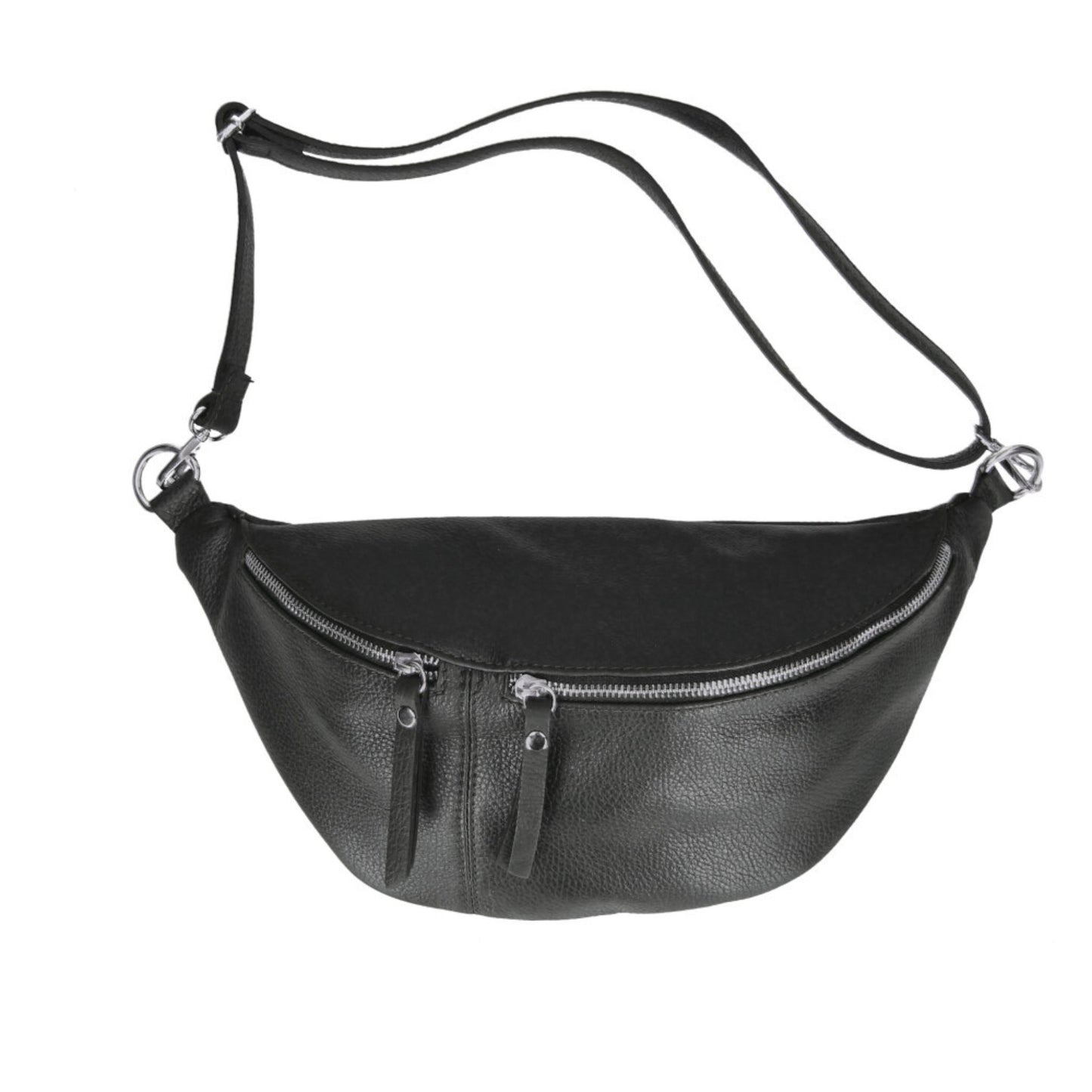 Stylish black leather bumbag with exposed zips and adjustable strap.