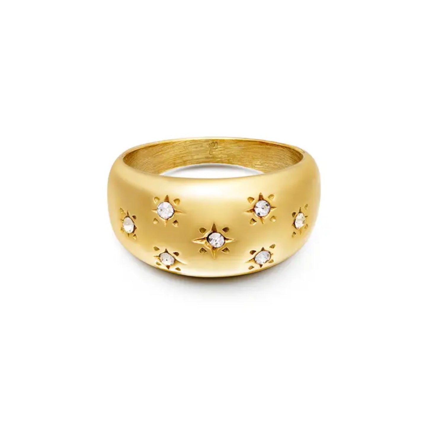 Gold domed ring with star engravings, displayed on a white background