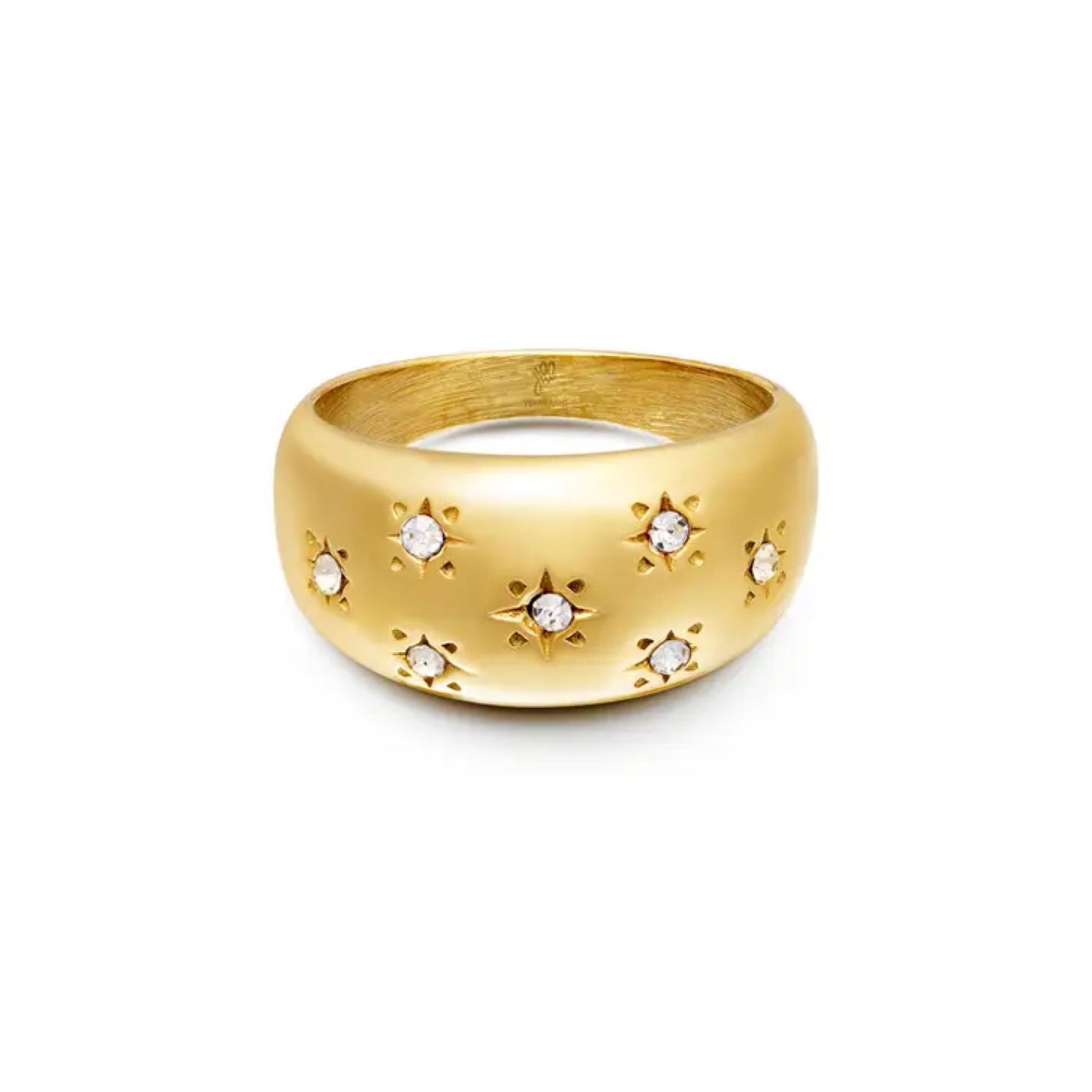 Gold domed ring with star engravings, displayed on a white background