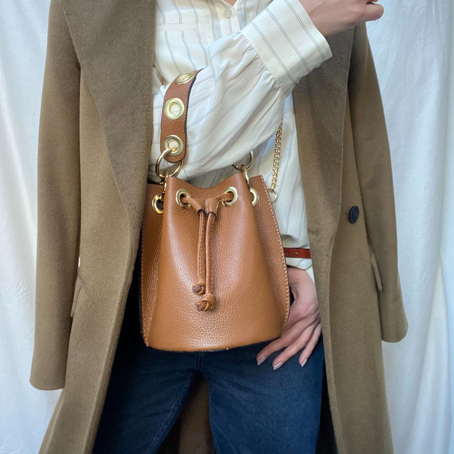 Close-up of drawstring closure on the Scott-Samuel Leather Bucket Bag