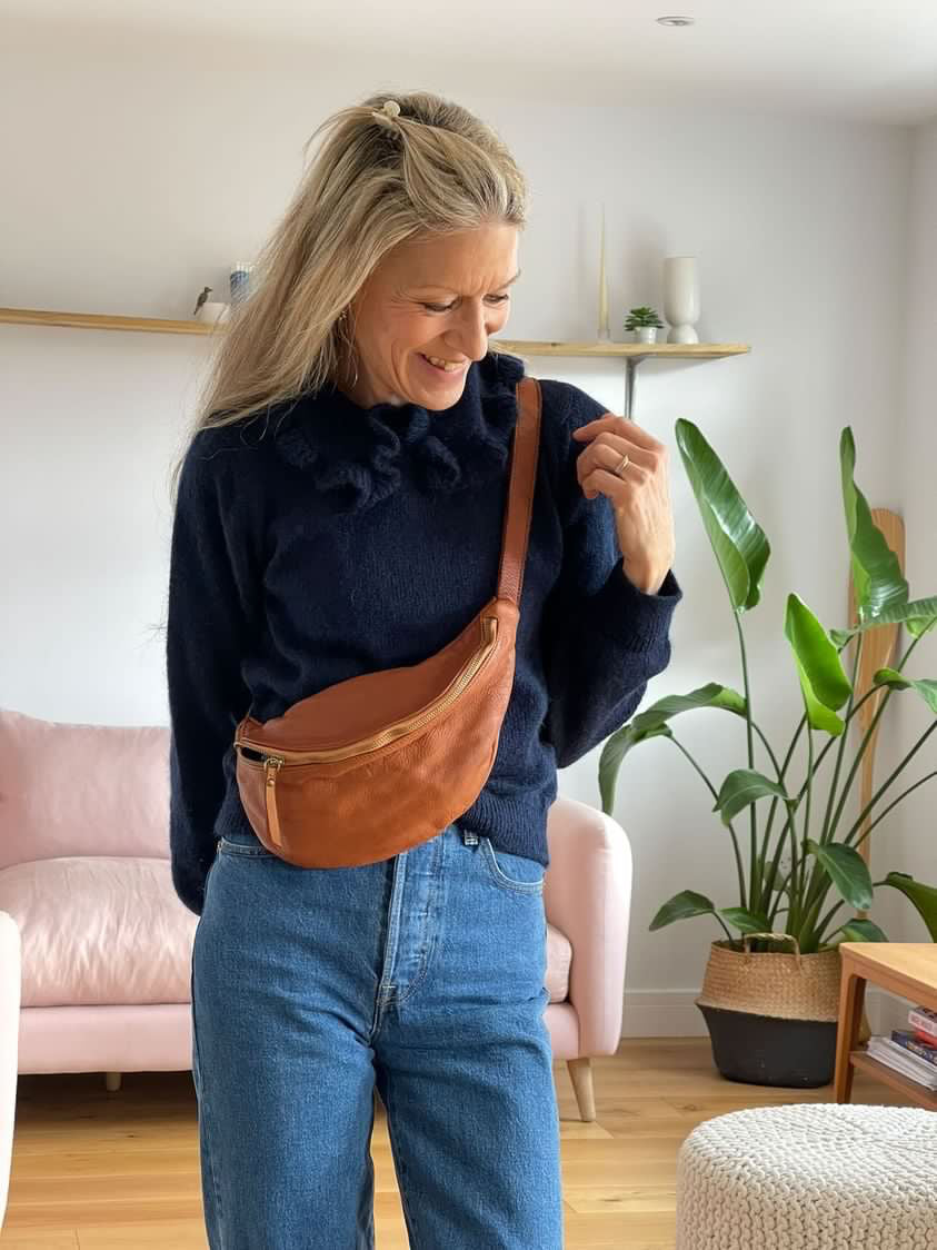 Model wearing the Large Washed Leather BumBag / Sling Bag