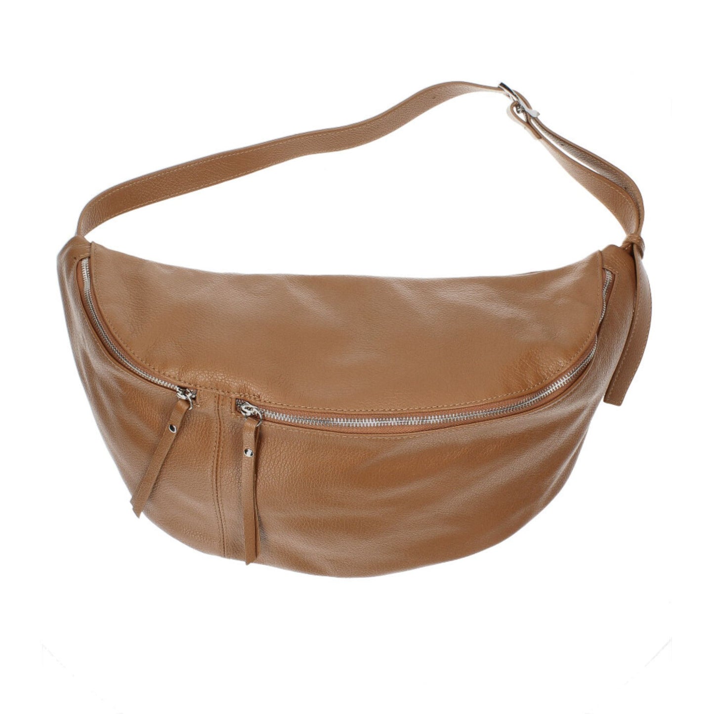 Brown leather crossbody bag.