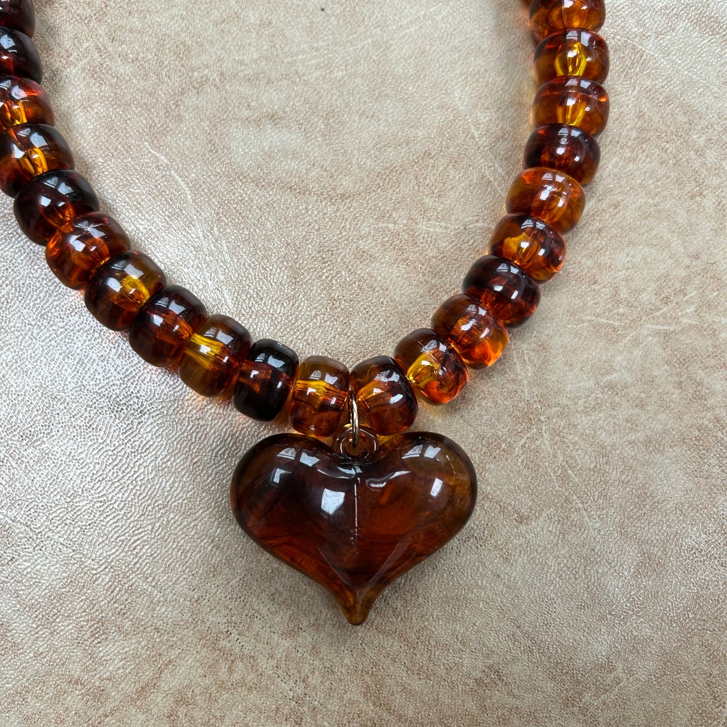 Amber Beaded Resin Heart Necklace