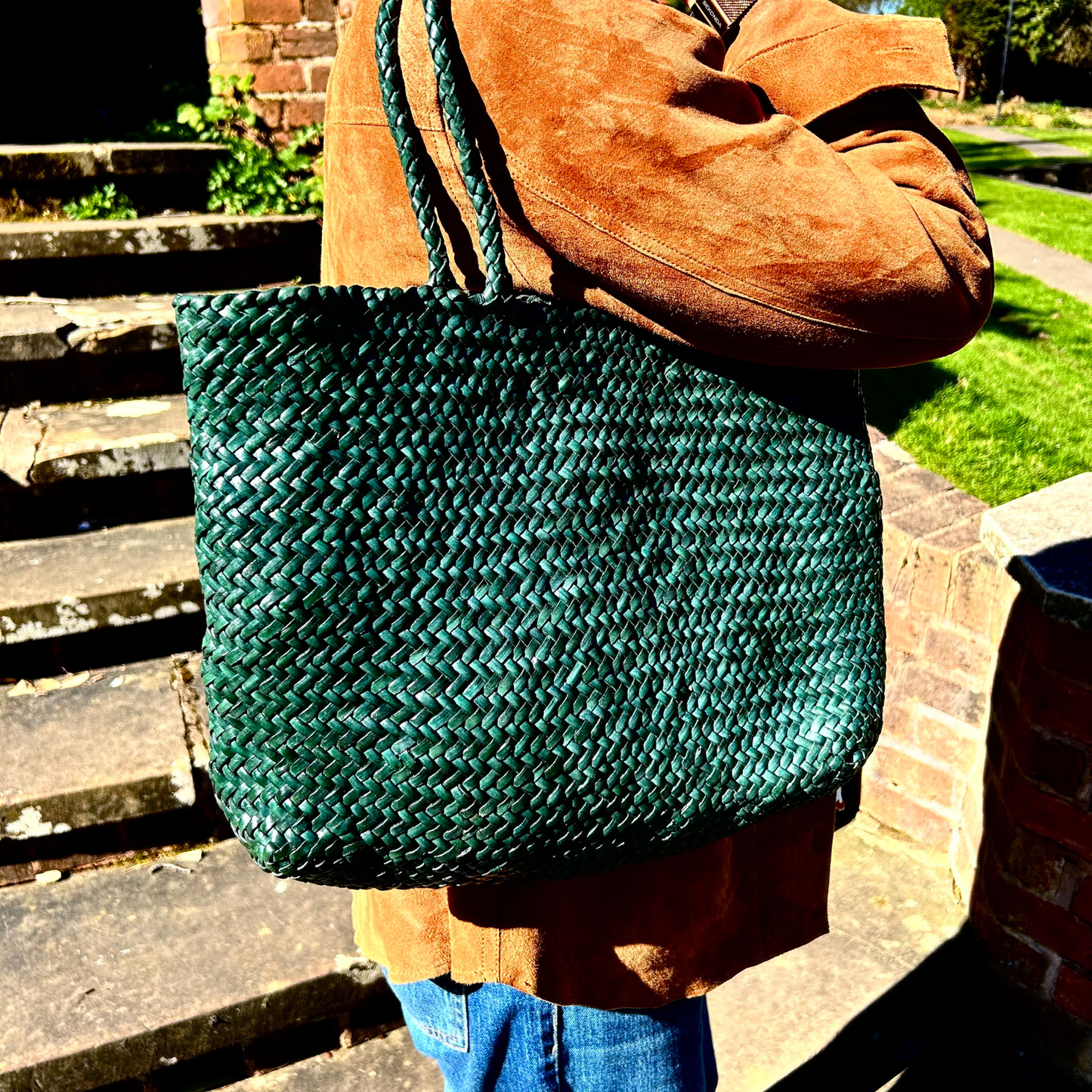 Green Woven Leather Tote Bag