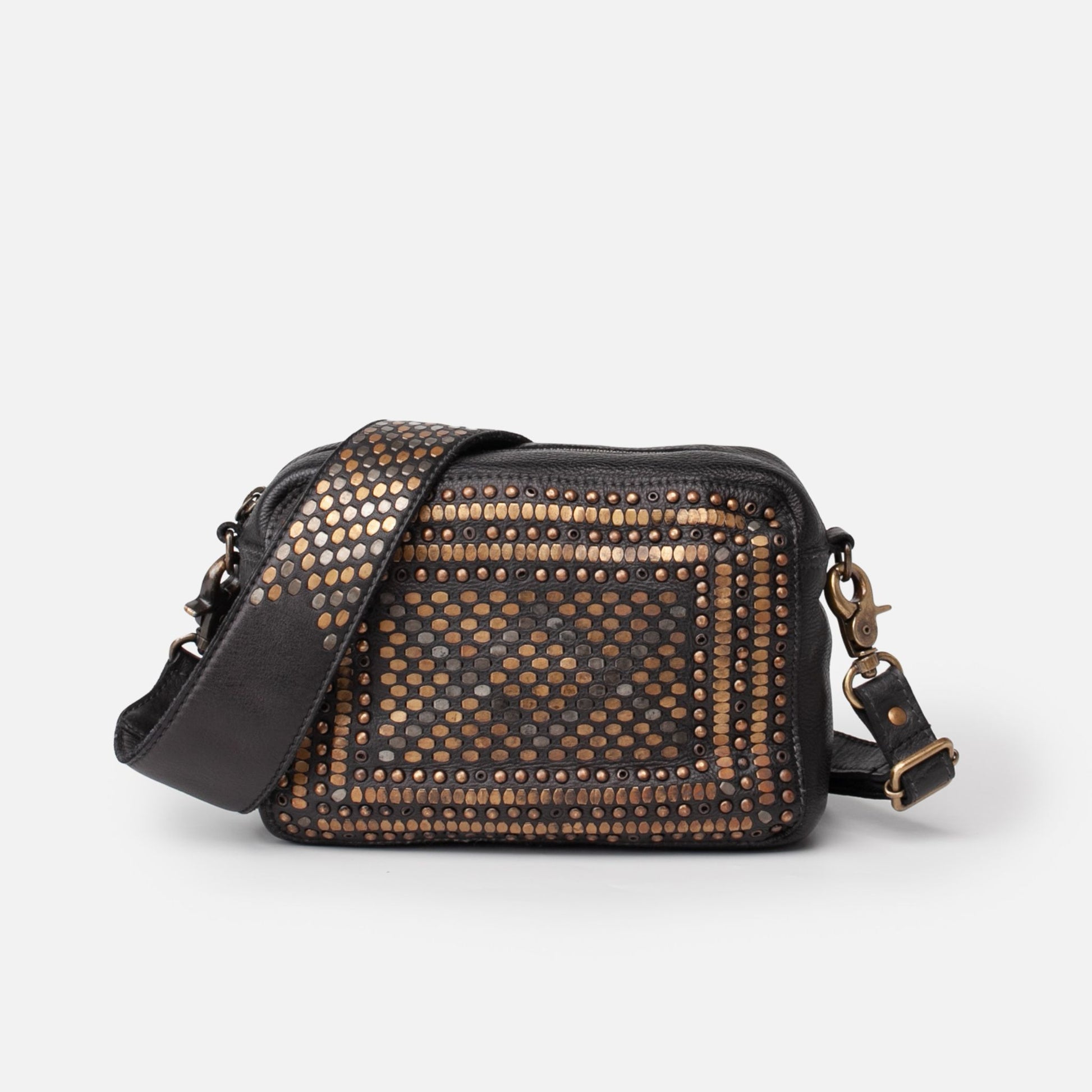 Scott-Samuel woven leather crossbody bag in black with intricate detailing, shown on a white background
