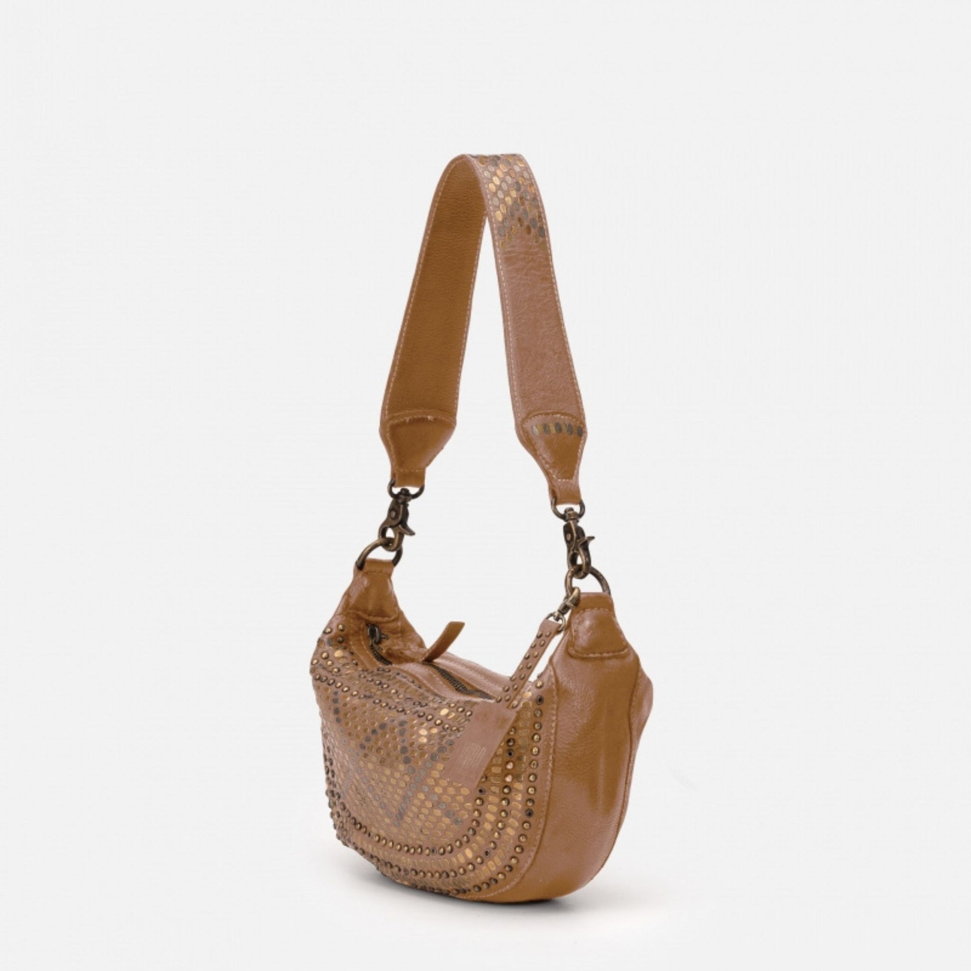 Scott-Samuel tan woven leather crossbody bag shown with adjustable strap on a white background.