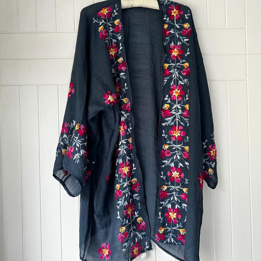 Navy Floral Embroidered Kimono