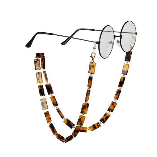 Tortoiseshell rectangular bead glasses chain attached to a pair of round-framed eyeglasses with black arms, displayed on a white background
